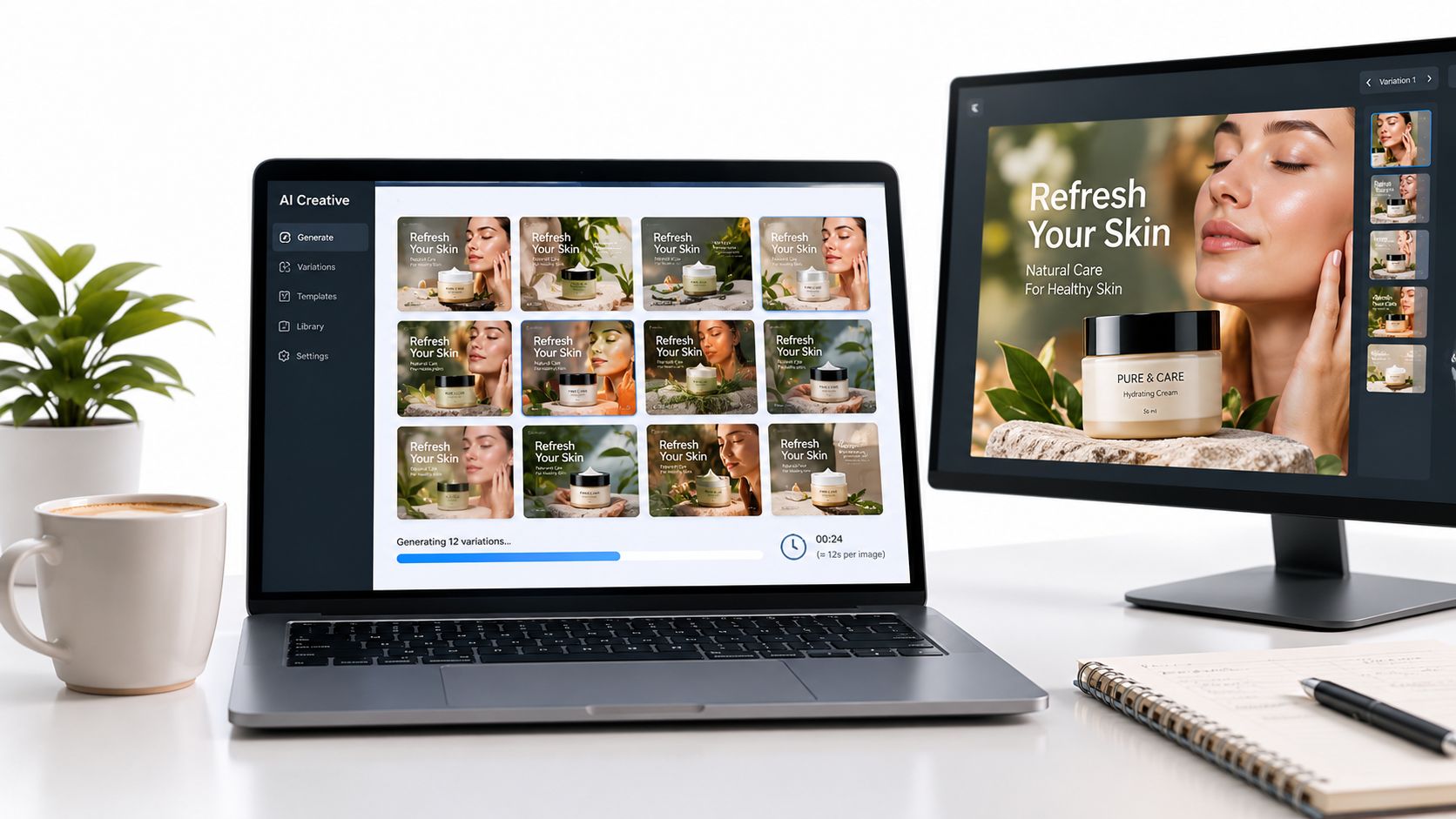 A modern laptop and monitor displaying AI marketing creative software tools with skincare advertisements on screens.