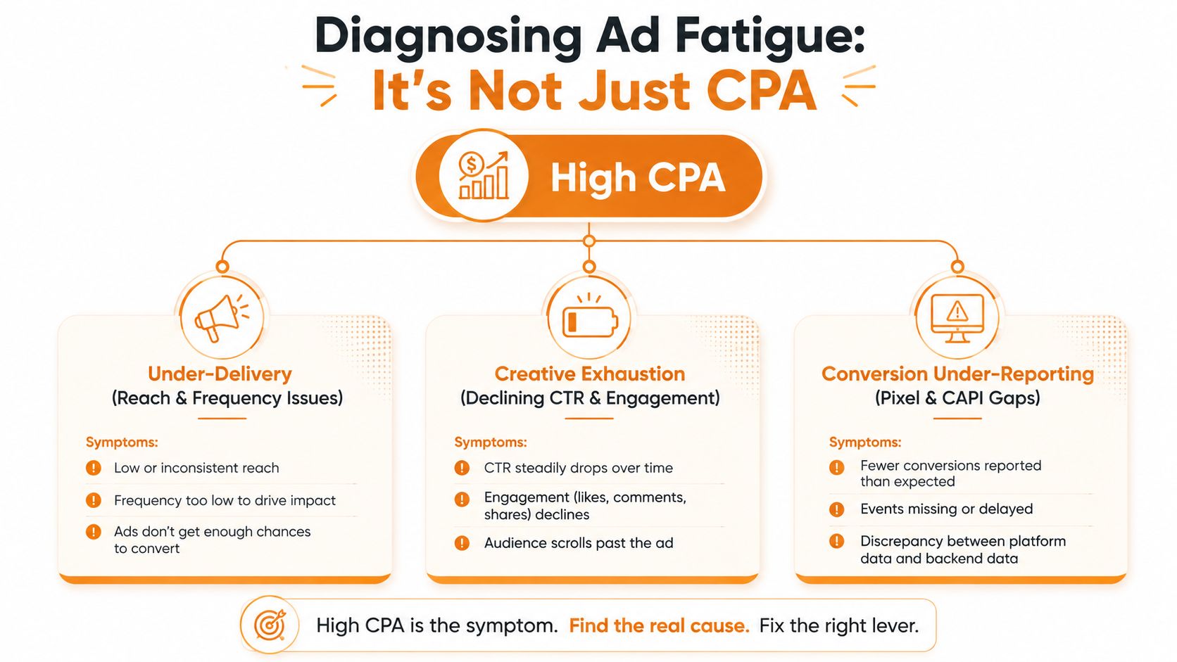 A diagram illustrating three main causes for high ad CPA, including under-delivery, creative exhaustion, and conversion under-reporting.