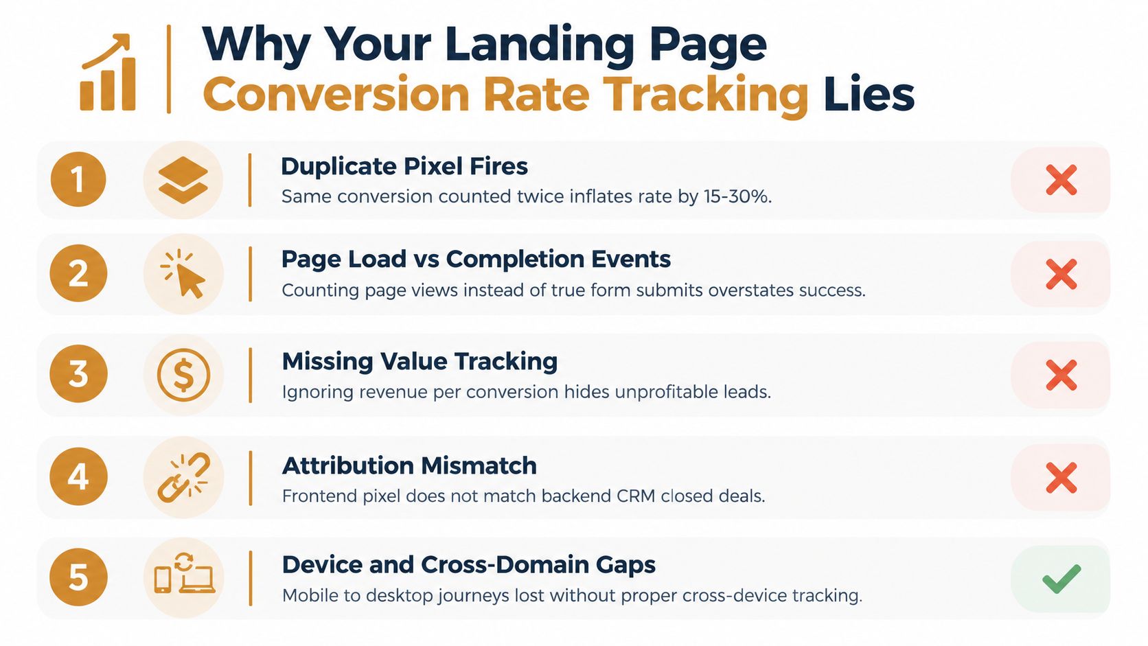 A list of five common reasons why landing page conversion rate tracking metrics are inaccurate or misleading.