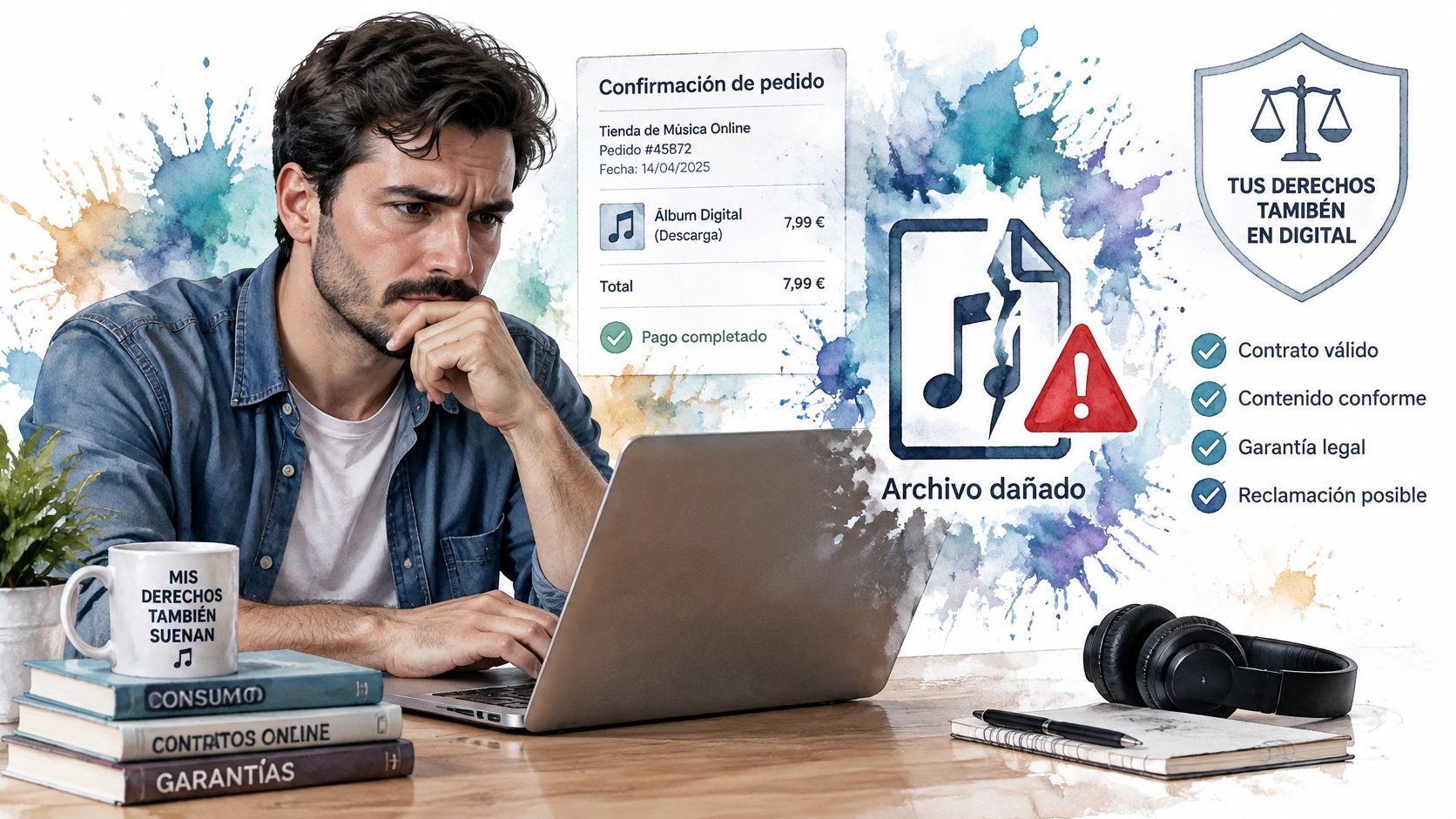 Hombre pensativo frente a su ordenador preocupado por un archivo de música digital dañado tras su compra online.