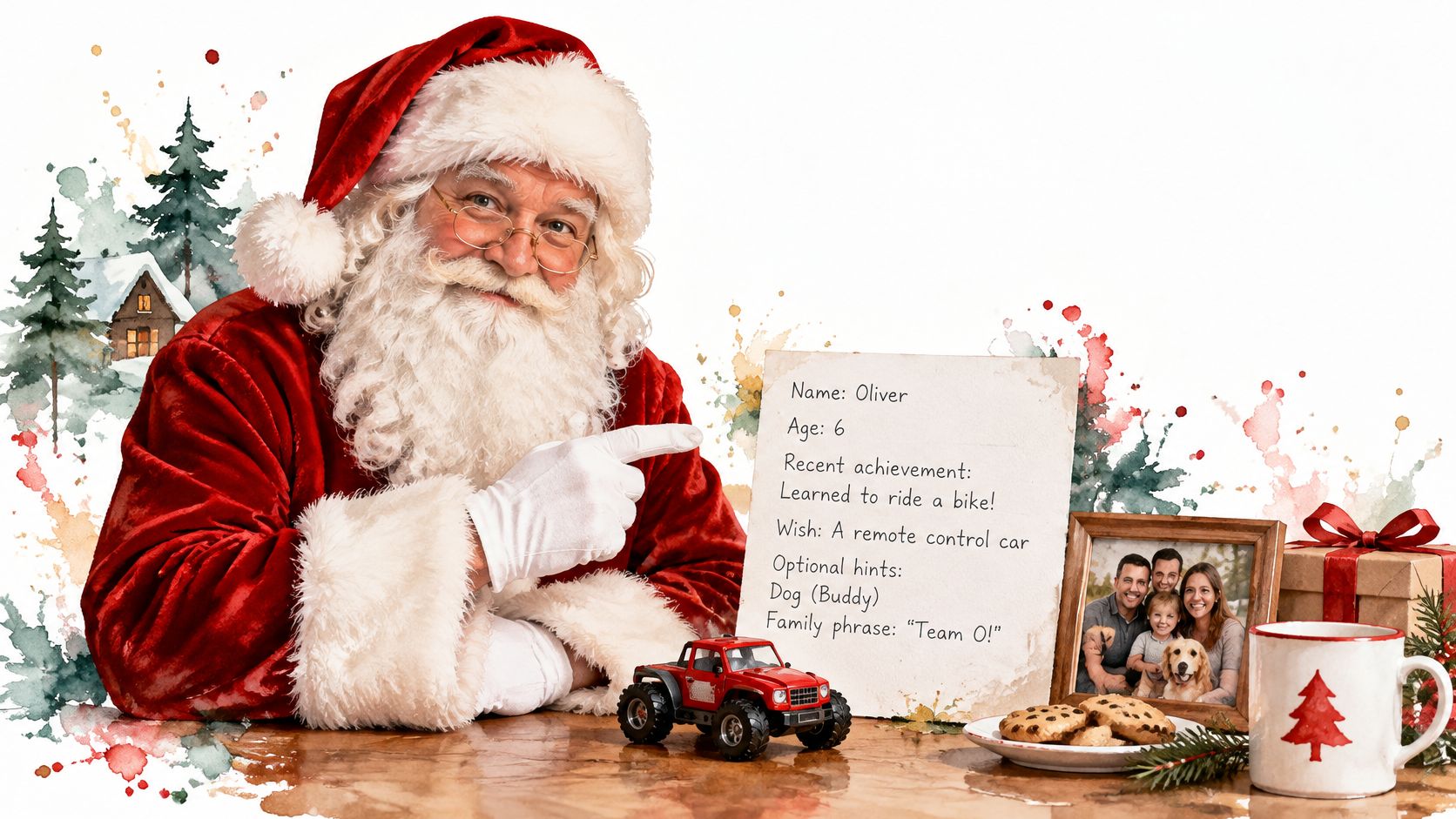 Papá Noel señalando una carta con información sobre un niño llamado Oliver junto a juguetes y galletas.