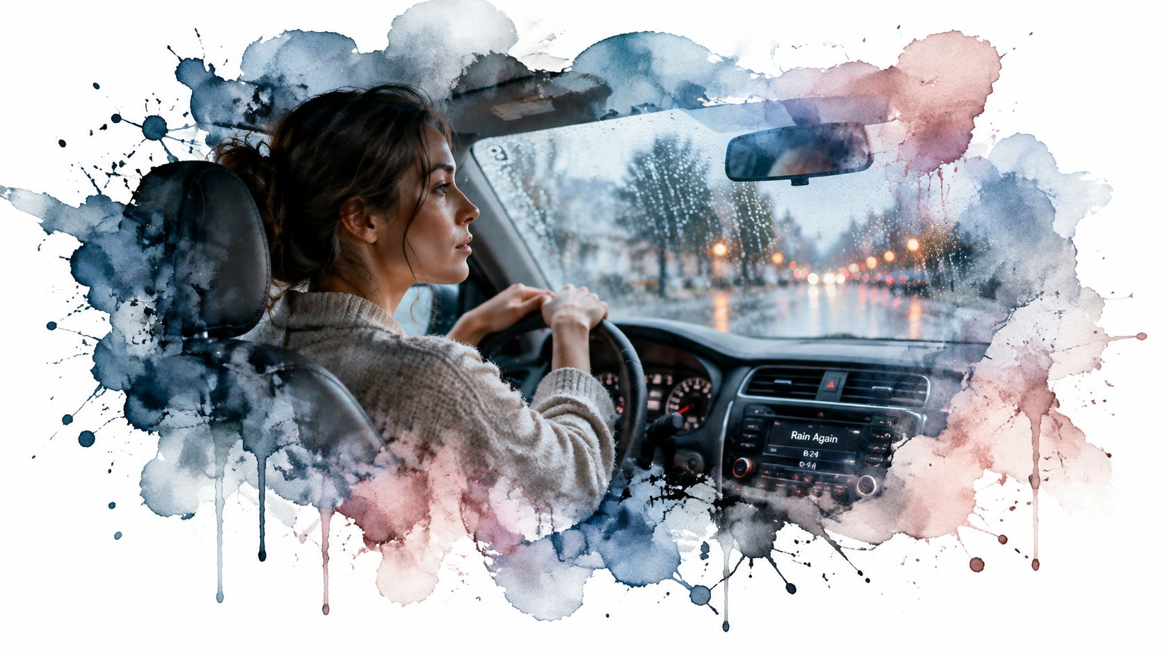 Mujer joven conduciendo un coche bajo la lluvia con una expresión pensativa y nostálgica durante el atardecer.
