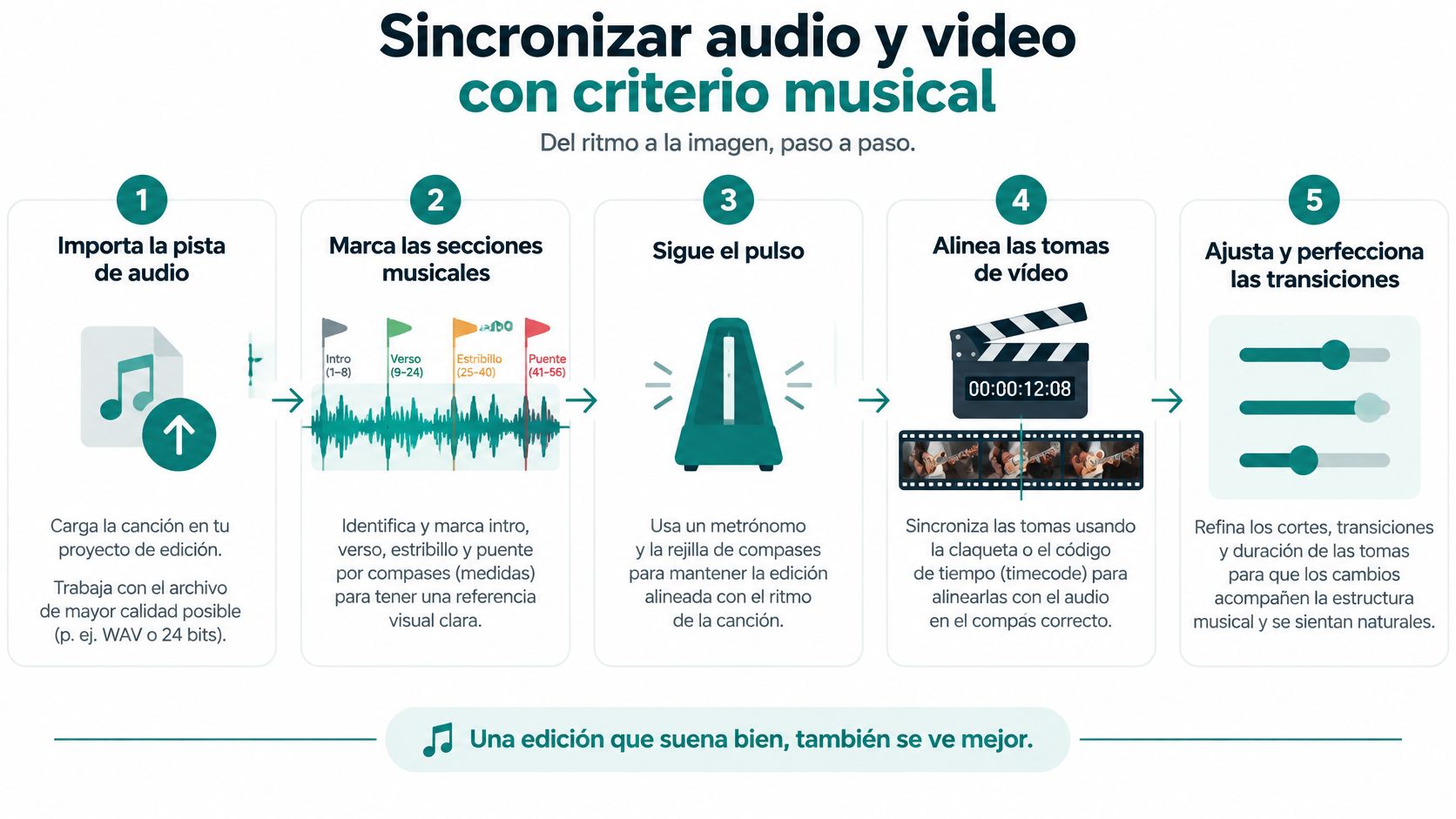 Infografía paso a paso sobre cómo sincronizar audio y video con criterio musical para una edición profesional.