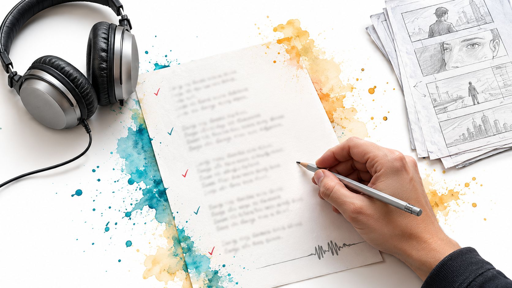Persona escribiendo en una hoja de papel junto a auriculares y bocetos de guion gráfico ilustrados