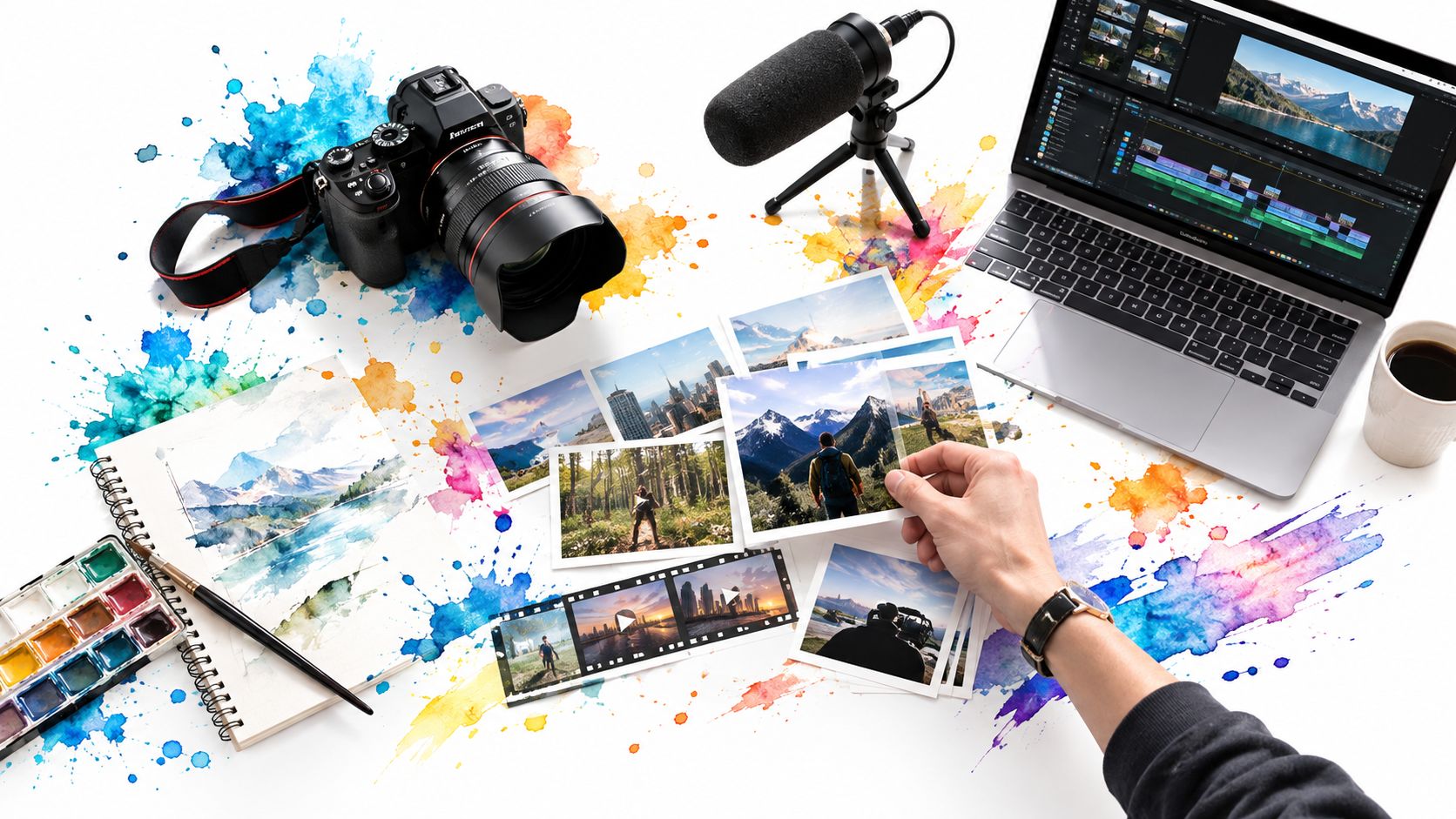 Escritorio creativo con cámara, micrófono, ordenador portátil, fotografías y acuarelas para edición de video con música.