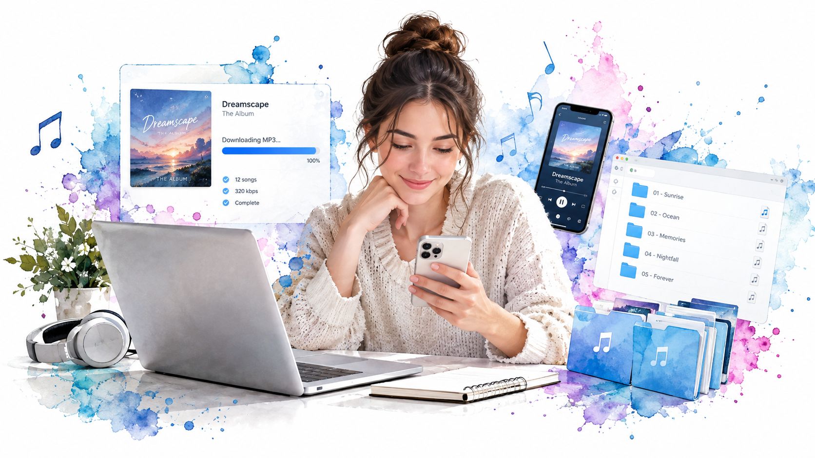 Una joven sonriente descarga música en su teléfono inteligente mientras trabaja frente a su computadora portátil.