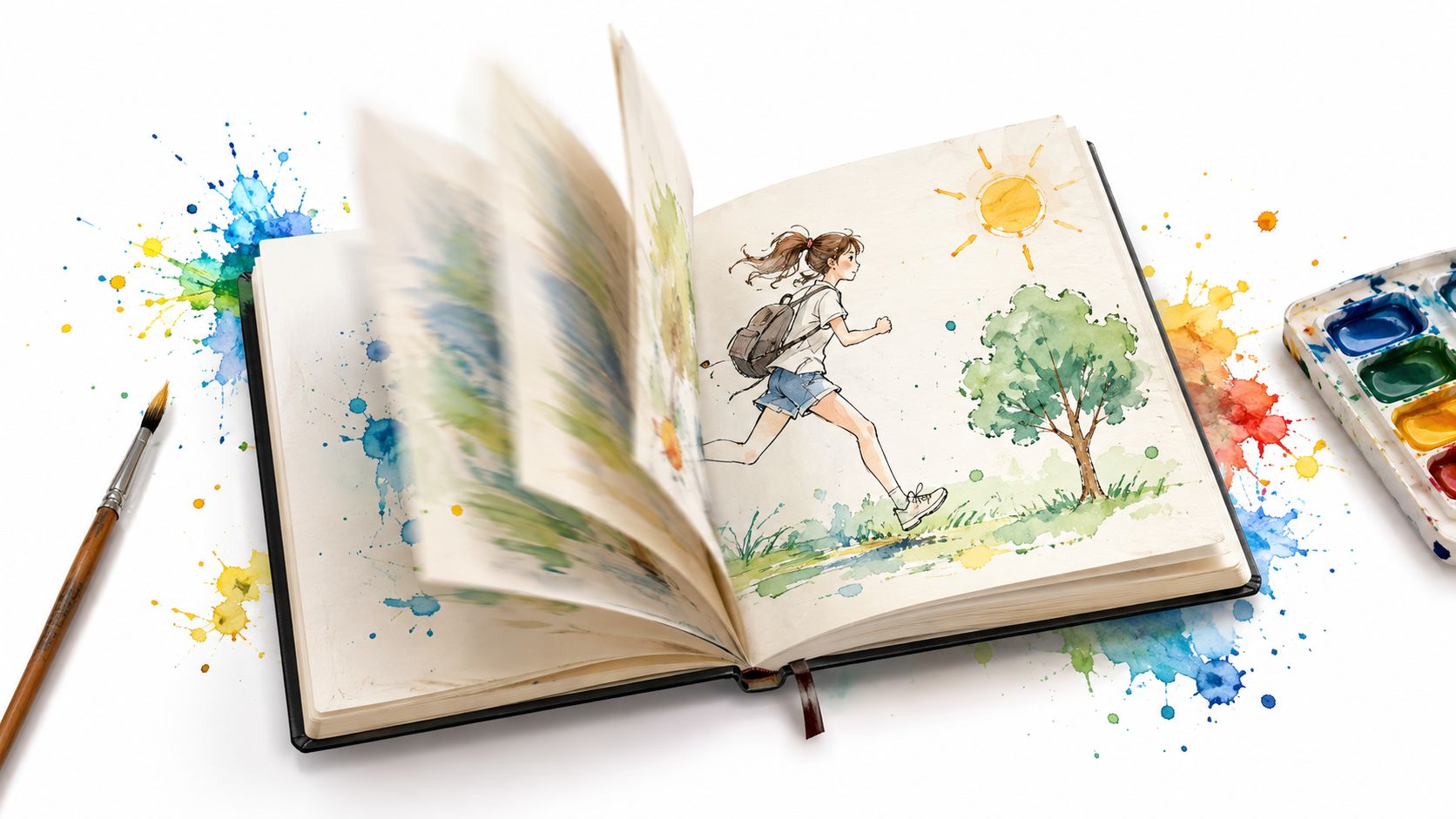 Libro abierto con una ilustración estilo acuarela de una chica corriendo en un entorno natural colorido.