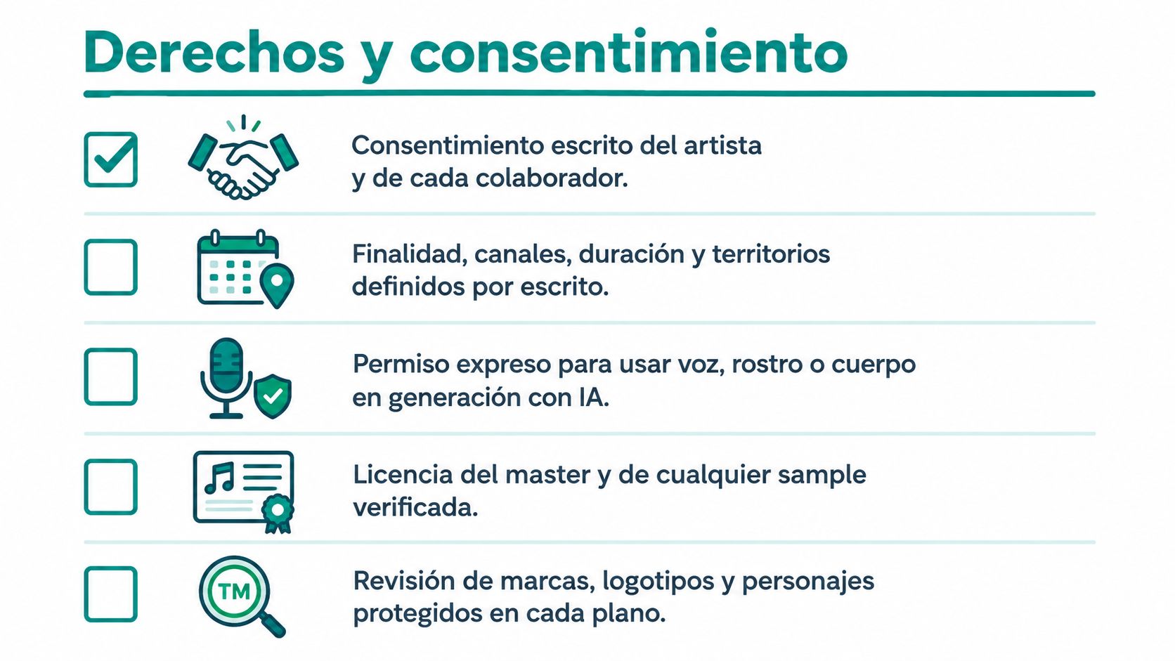 Lista de verificación sobre derechos y consentimiento para el uso de contenido musical con inteligencia artificial.