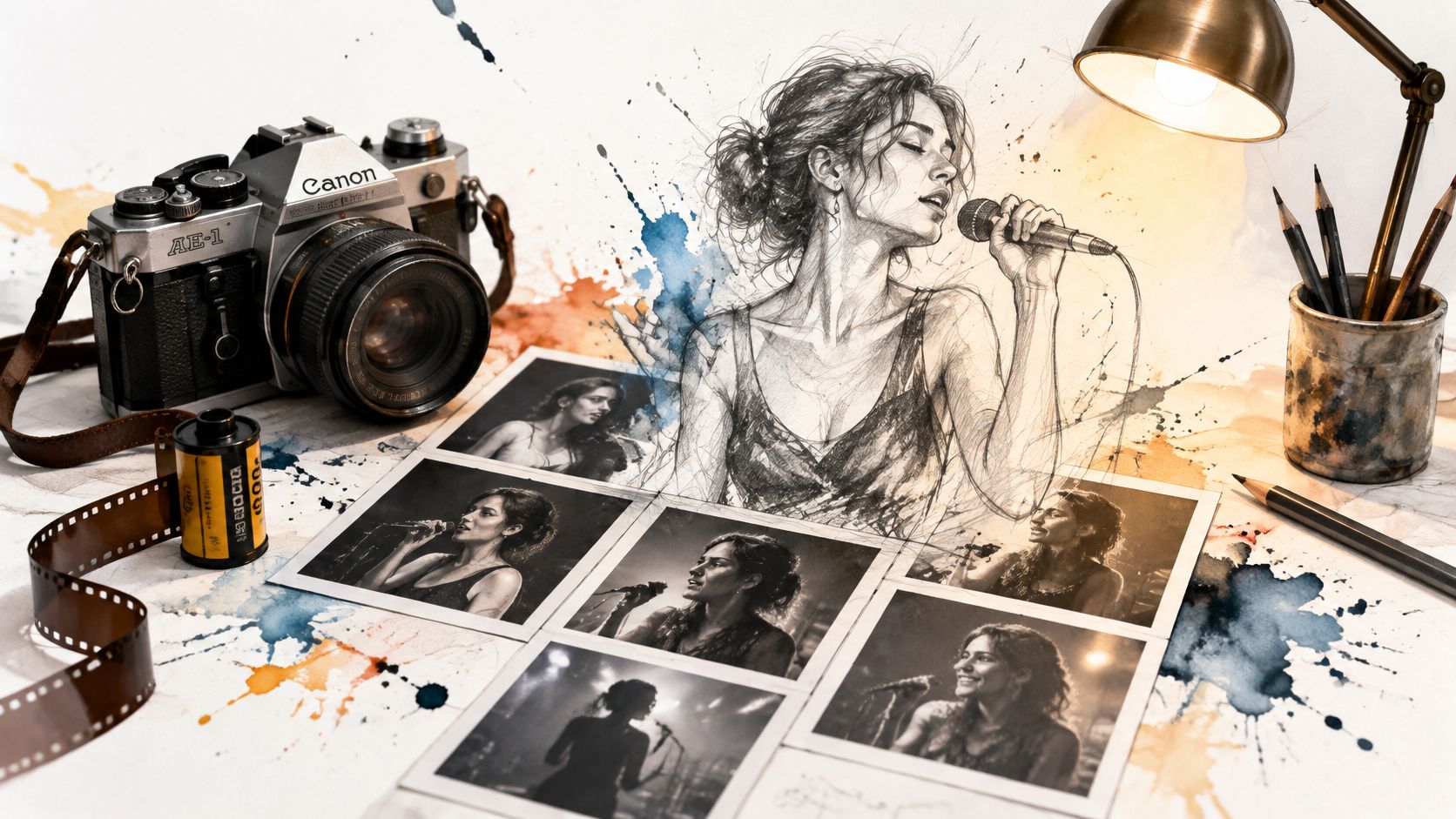 Dibujo artístico de una cantante mezclado con fotografías de conciertos y una cámara fotográfica antigua sobre mesa.