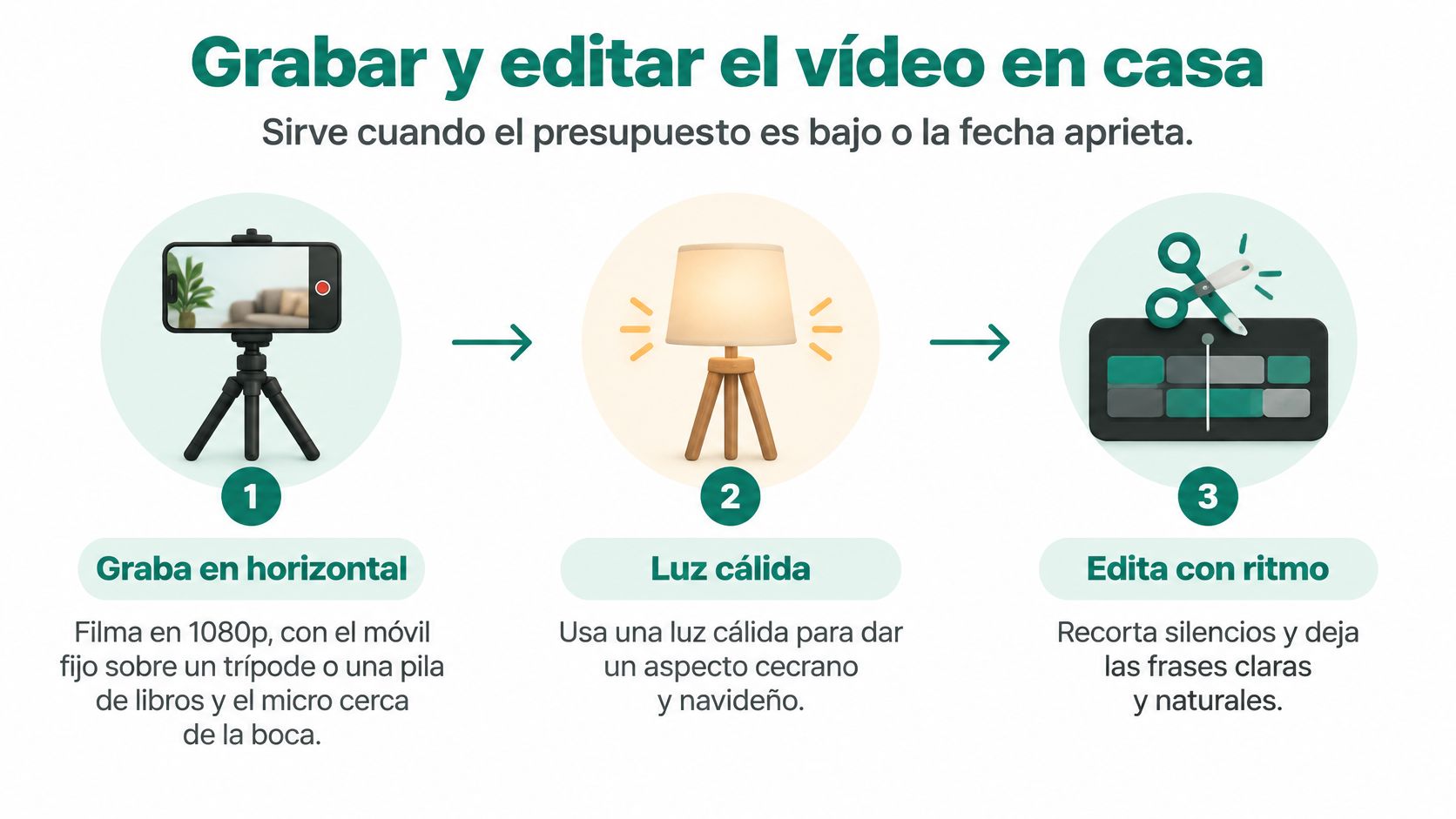 Infografía sobre consejos para grabar y editar vídeos caseros con un móvil, luz y edición de ritmo.