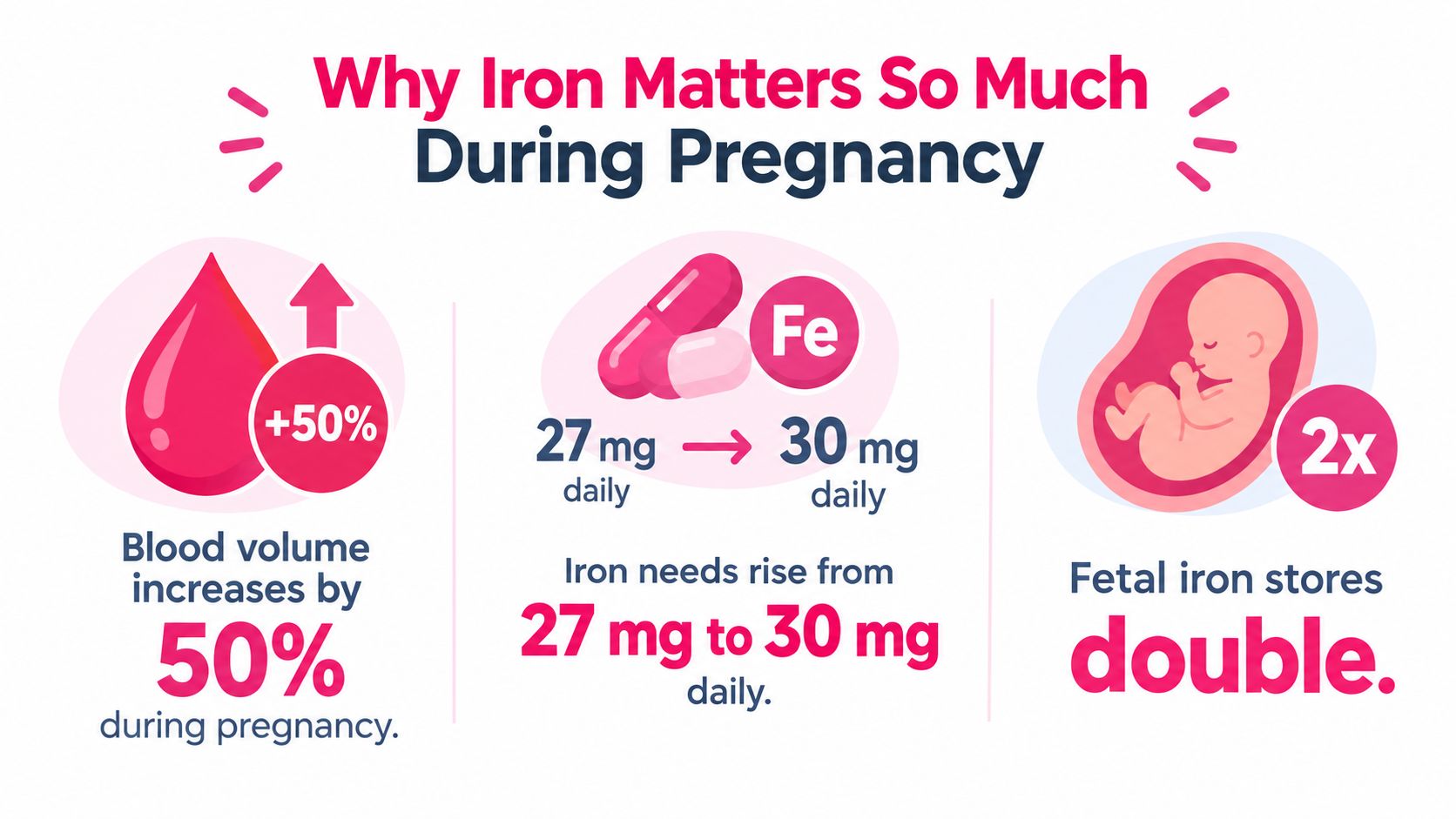 An infographic explaining why iron is essential for pregnant women, detailing blood volume, dosage, and fetal stores.