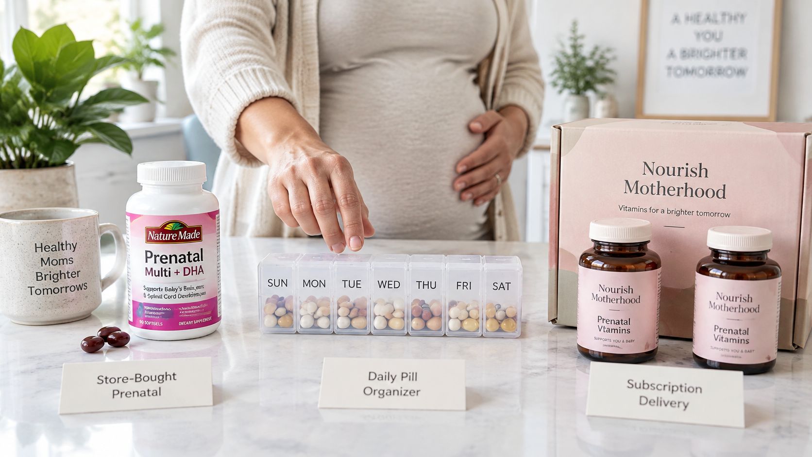 A pregnant woman organizing prenatal vitamins into a weekly pill organizer on a kitchen counter.
