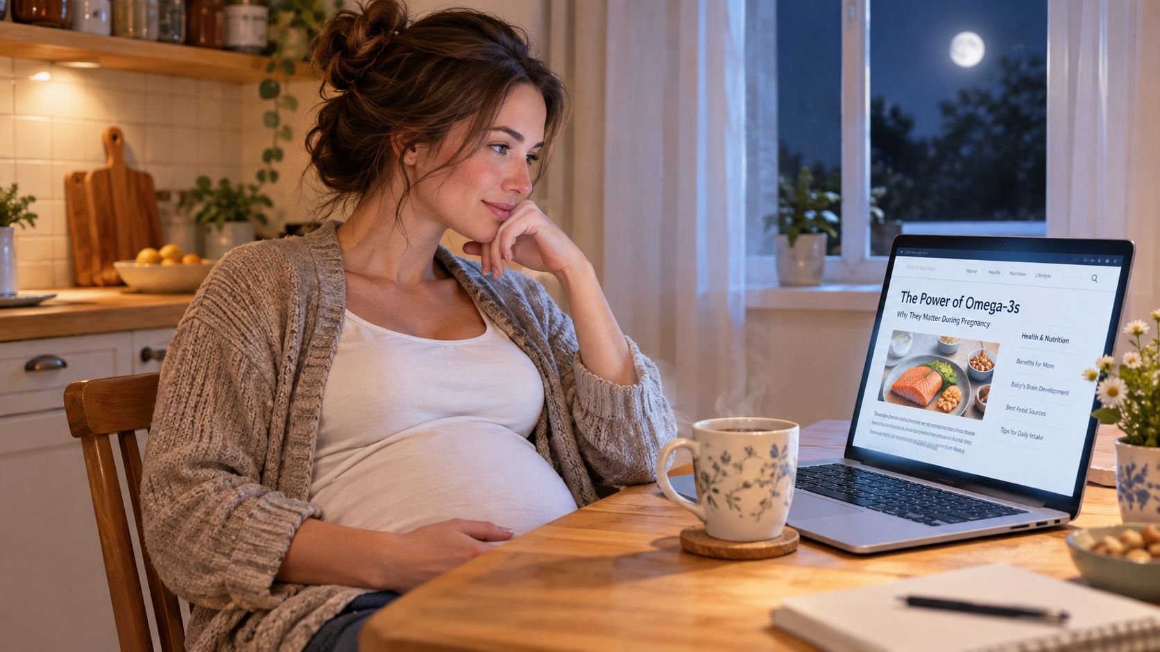 A pregnant woman sitting at a wooden kitchen table, viewing information about omega-3s on her laptop.