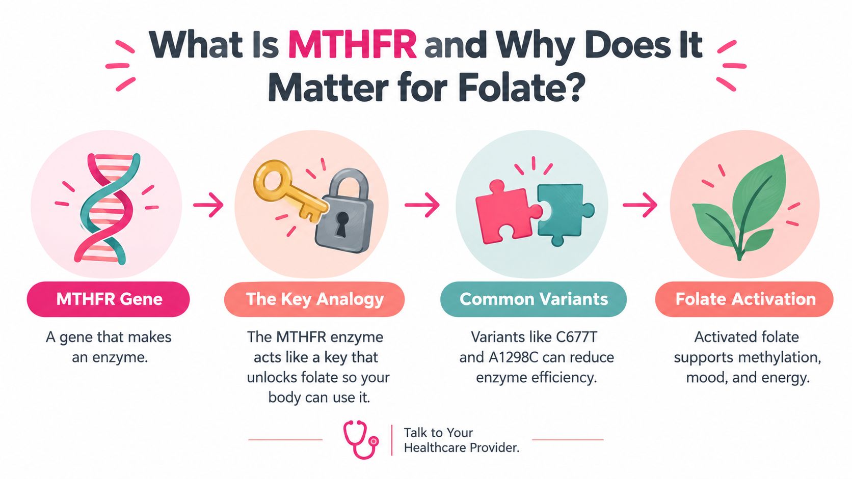 An infographic explaining how the MTHFR gene processes folate through a key, lock, and puzzle analogy.