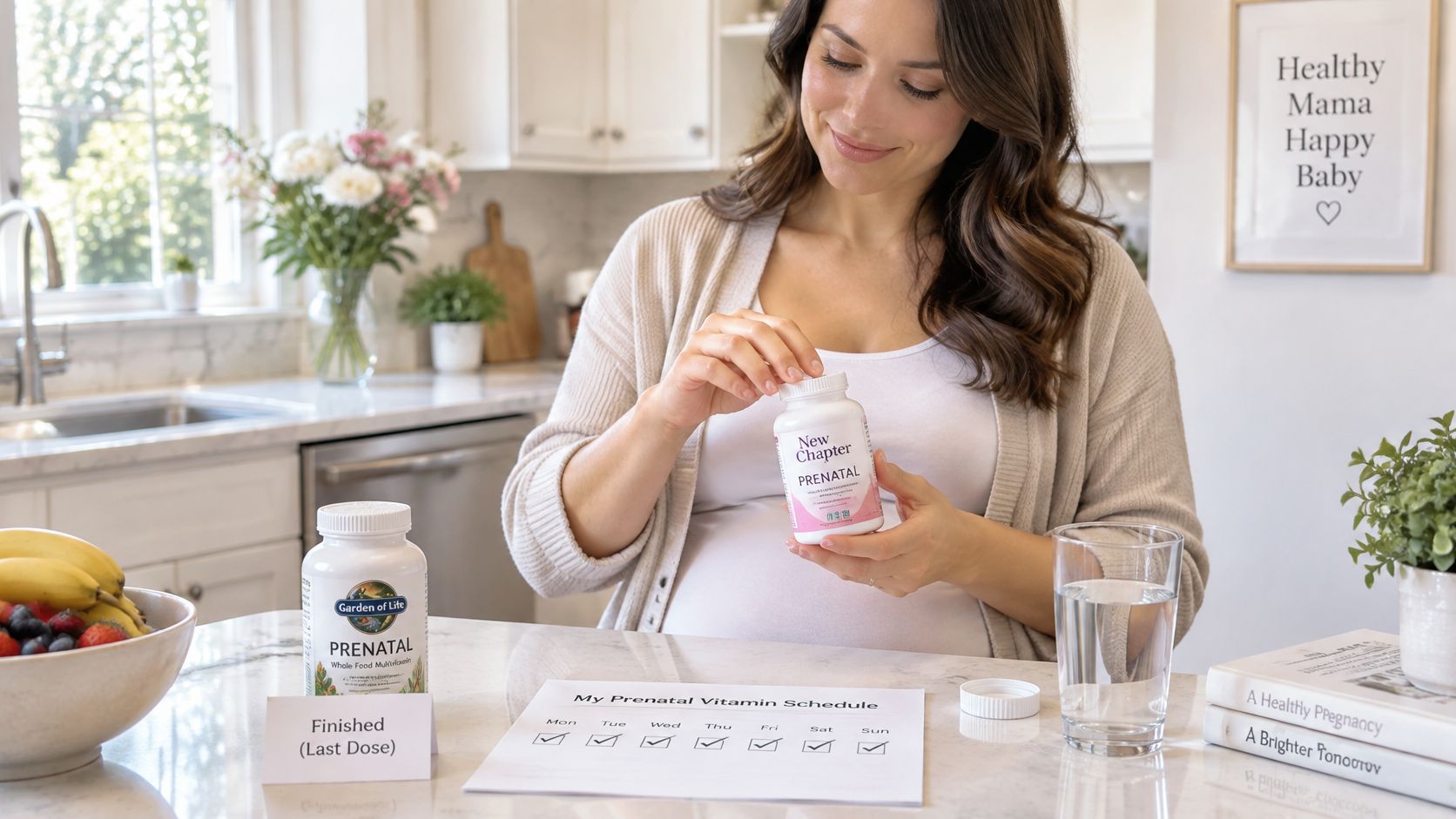 A pregnant woman in a kitchen holding a bottle of New Chapter prenatal vitamins with a schedule.