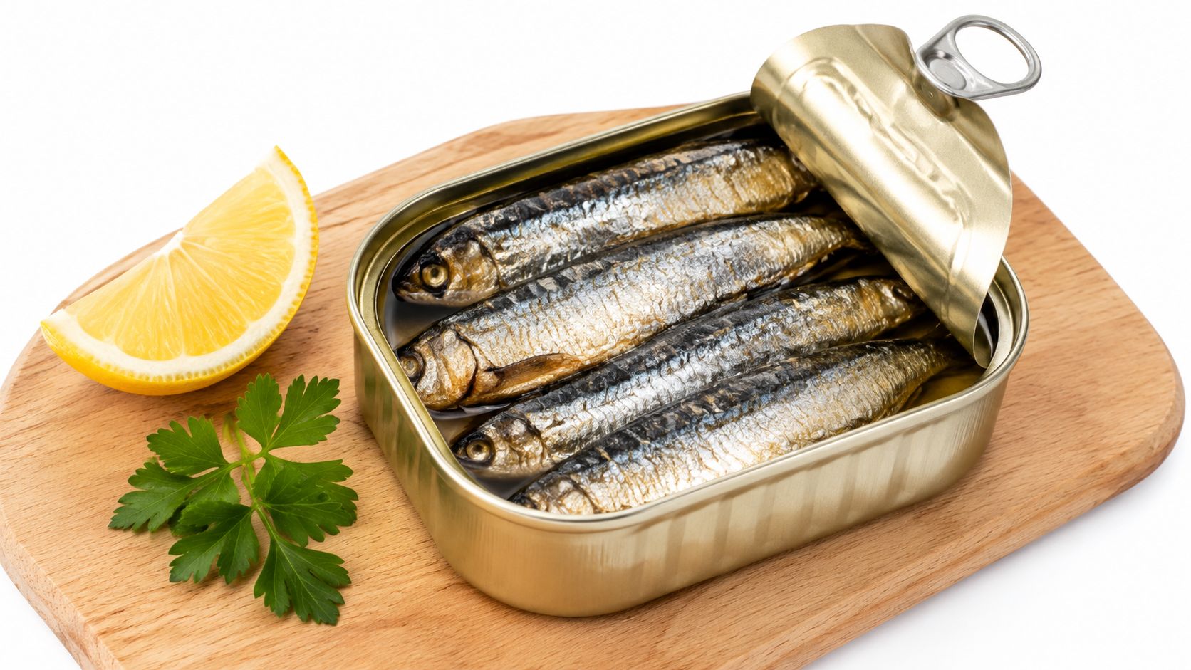 A tin of fresh sardines served with a lemon slice and a sprig of parsley on wood.