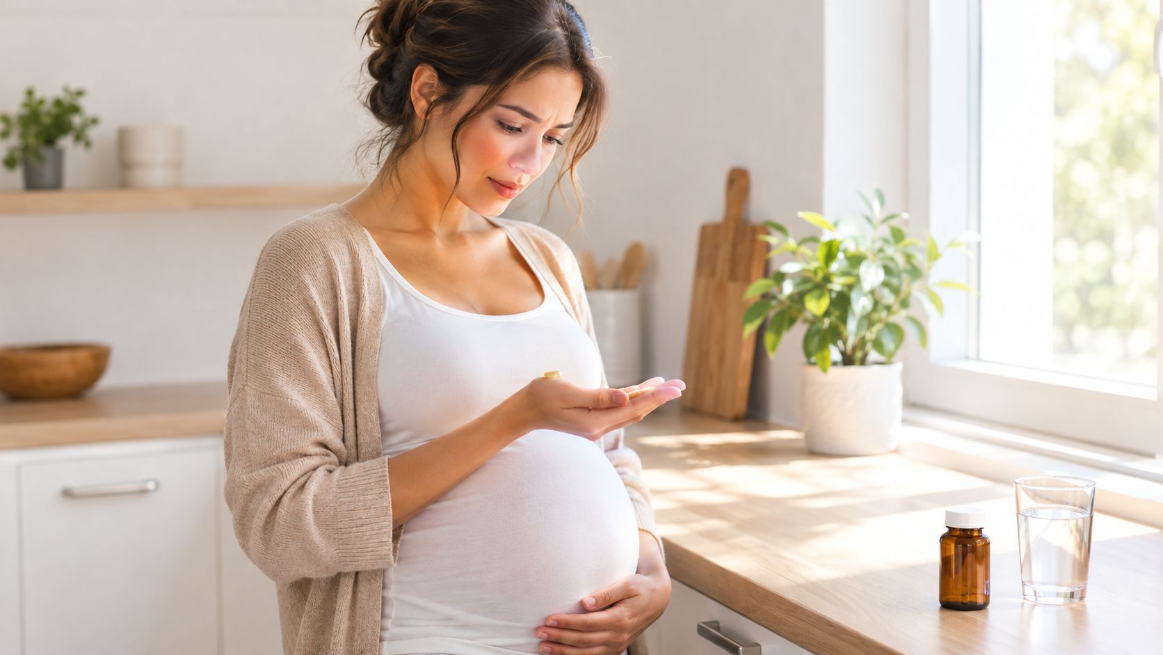 A pregnant woman looks down at vitamins in her hand in a brightly lit kitchen.