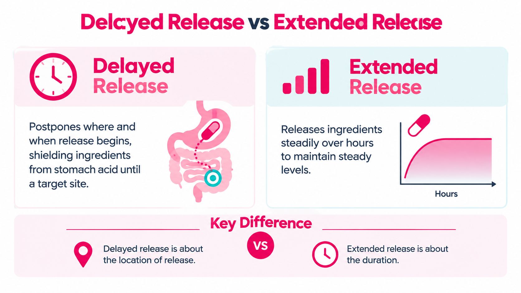 An infographic comparing the functional differences between delayed release and extended release medical capsules.