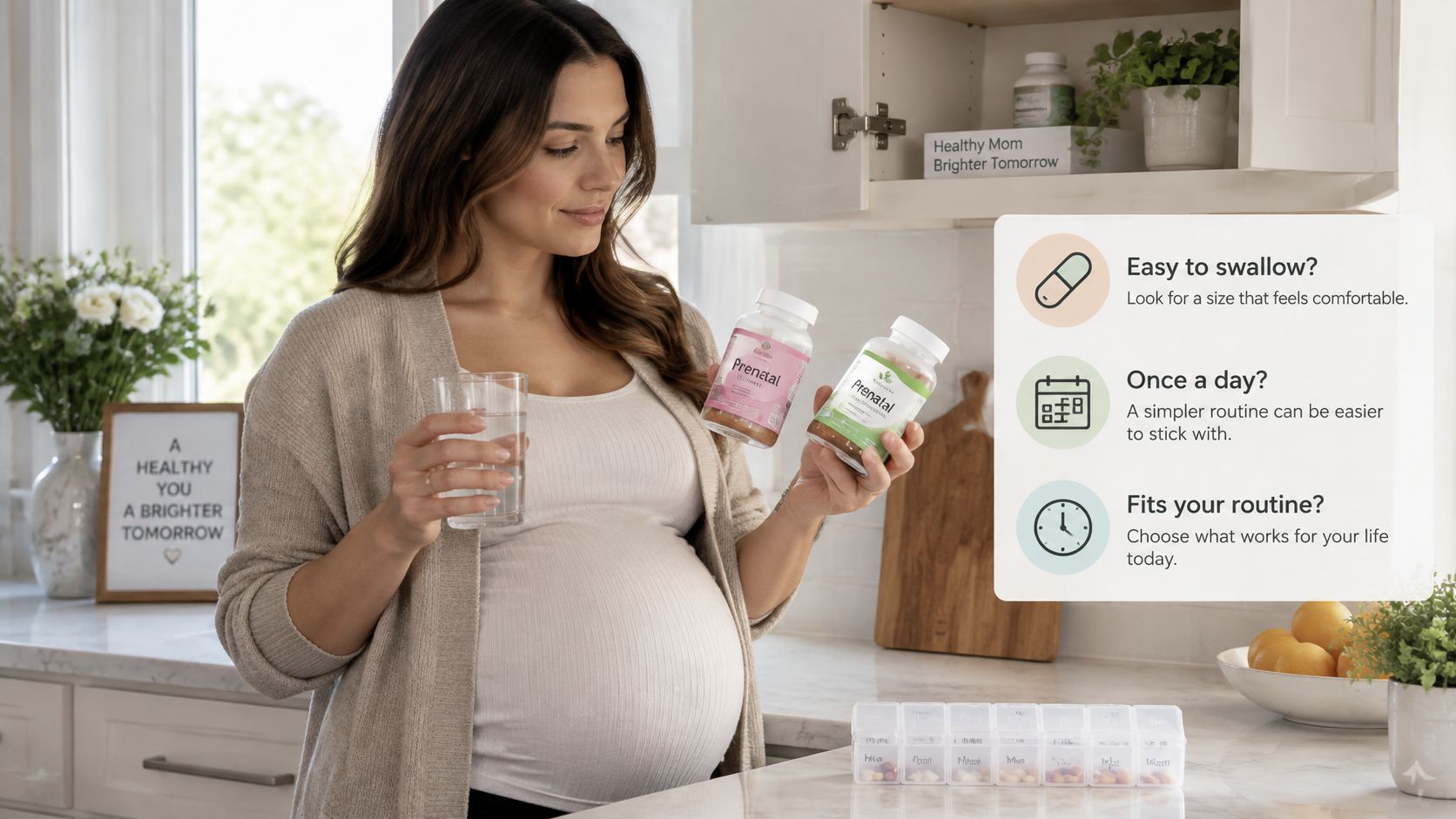 A pregnant woman holding two bottles of prenatal vitamins and a glass of water in a kitchen.