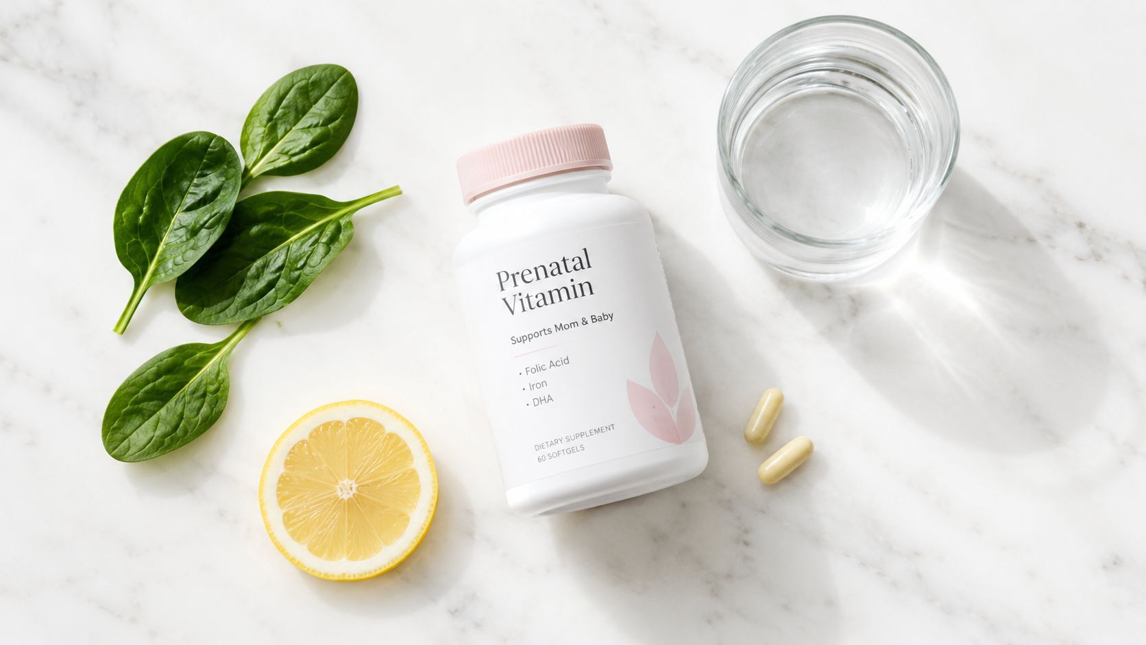 A white bottle of prenatal vitamins with spinach, a lemon slice, and pills on a marble surface.