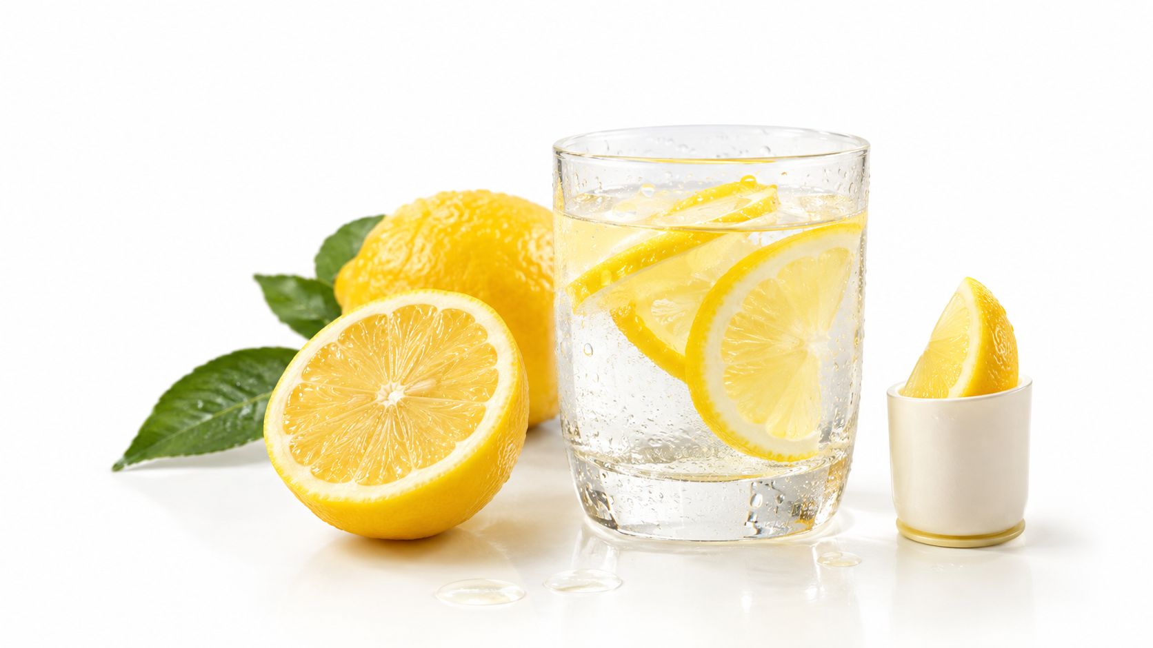 A glass of sparkling water with lemon slices, a whole lemon, and leaves on white surface.
