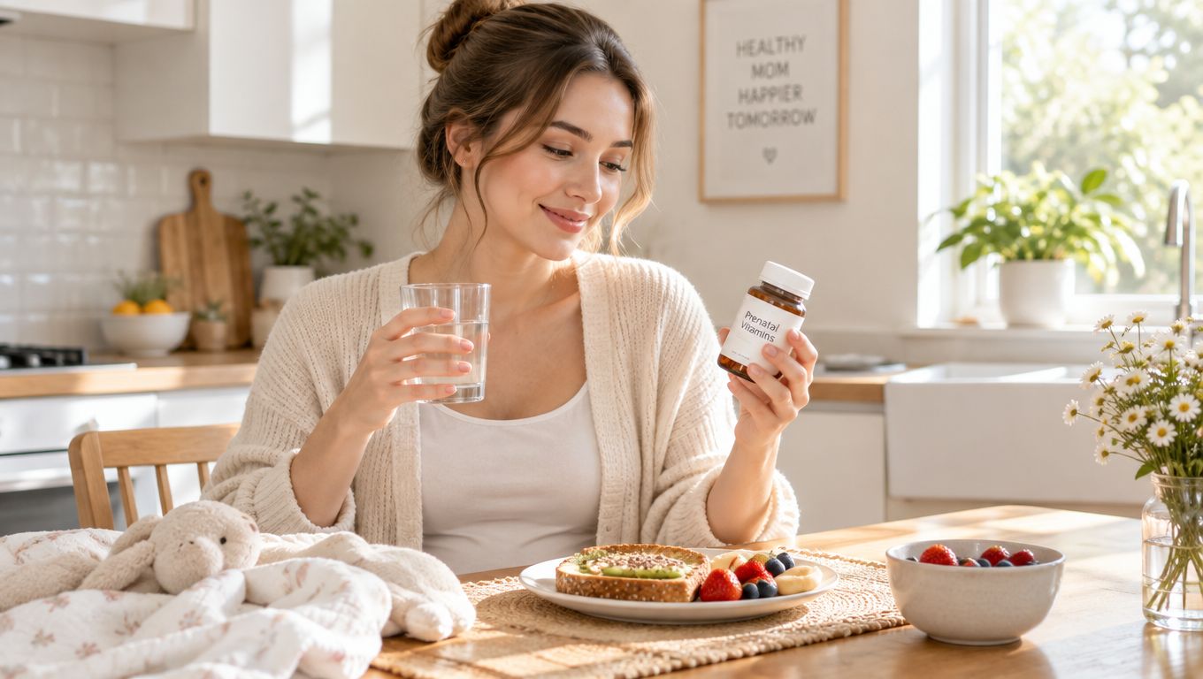 A smiling woman holding a glass of water and a bottle of prenatal vitamins at a table