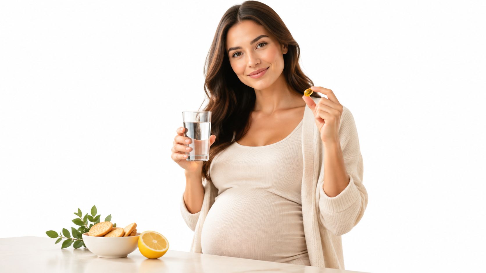 A smiling pregnant woman holds a glass of water and a yellow supplement pill, promoting prenatal health.