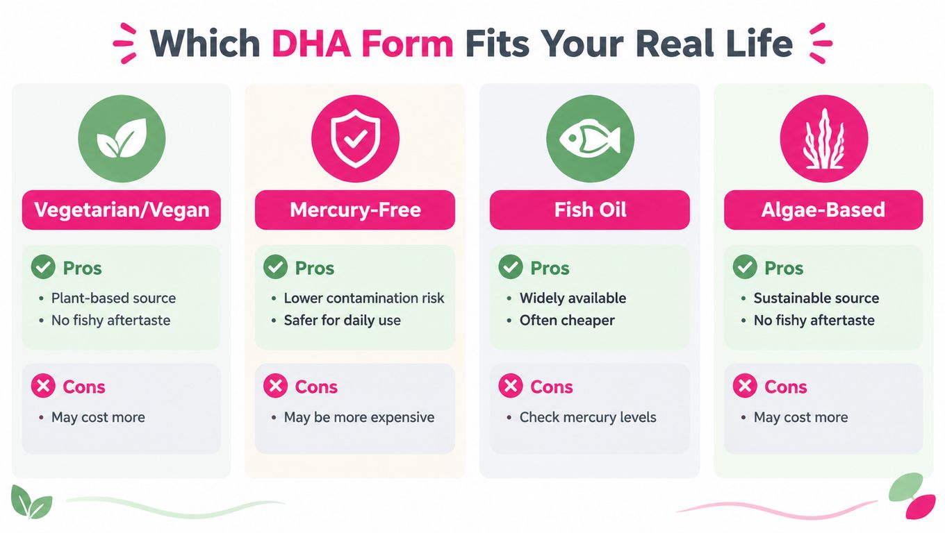 A comparison chart outlining the pros and cons of different DHA supplement types including vegetarian, mercury-free, fish oil, and algae-based options.