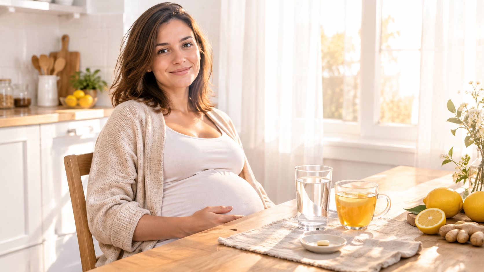 A smiling pregnant woman sitting at a sunlit kitchen table with water, lemon tea, and natural supplements.