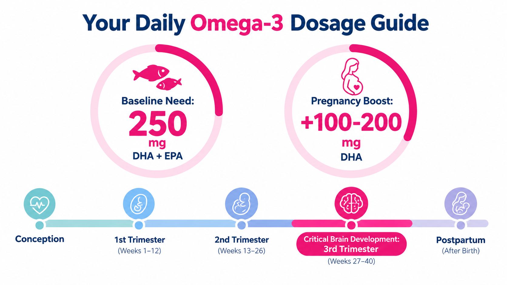 An infographic showing recommended daily omega-3 DHA and EPA dosage guidelines for women during different pregnancy stages.