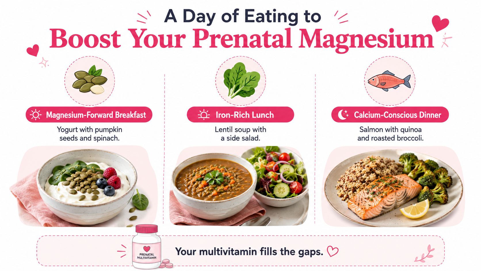 An infographic showing a healthy meal plan featuring foods rich in magnesium for prenatal nutrition.
