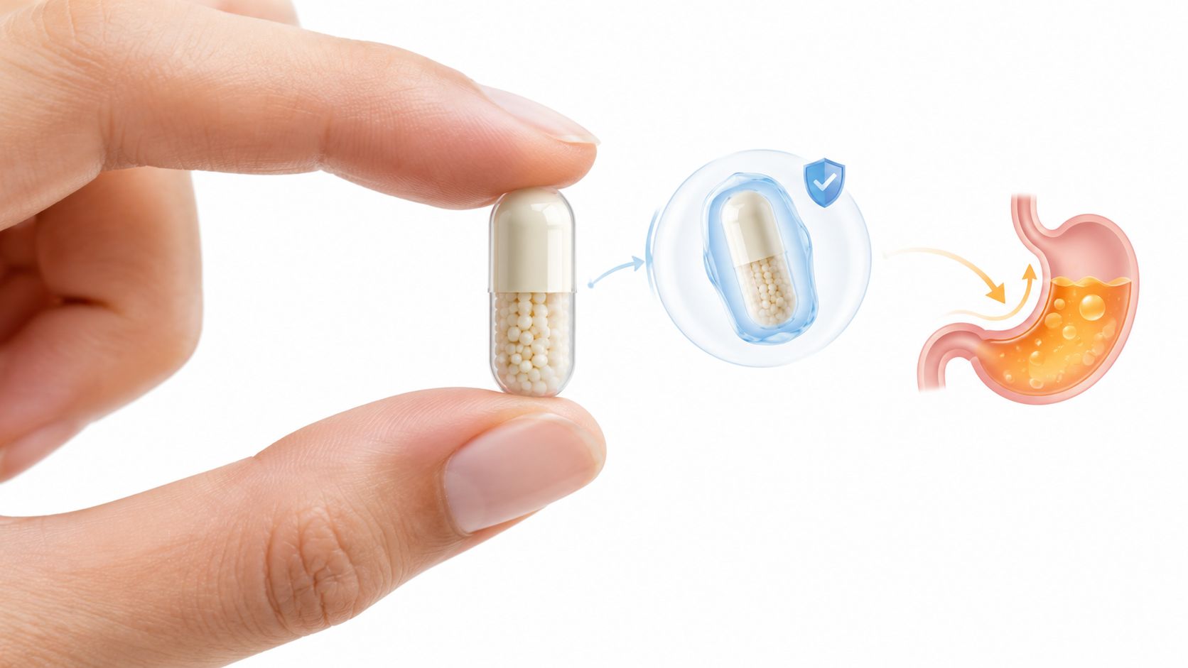 A hand holding a capsule that transitions into a protected state before entering the human stomach.