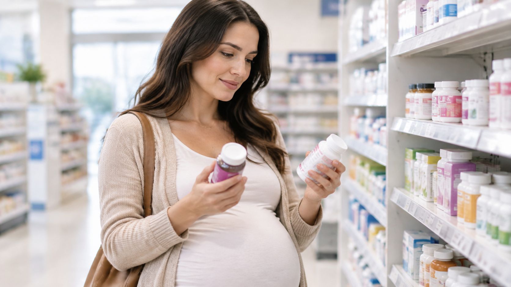 A pregnant woman smiling while reading labels on supplement bottles in a pharmacy store aisle.