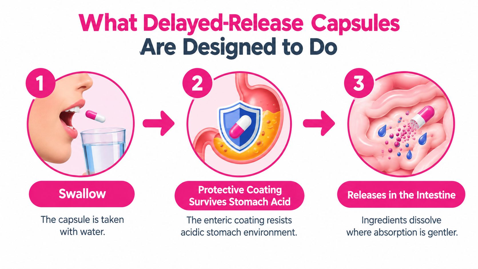 An infographic showing the three steps of how a delayed-release capsule travels through the human digestive system.