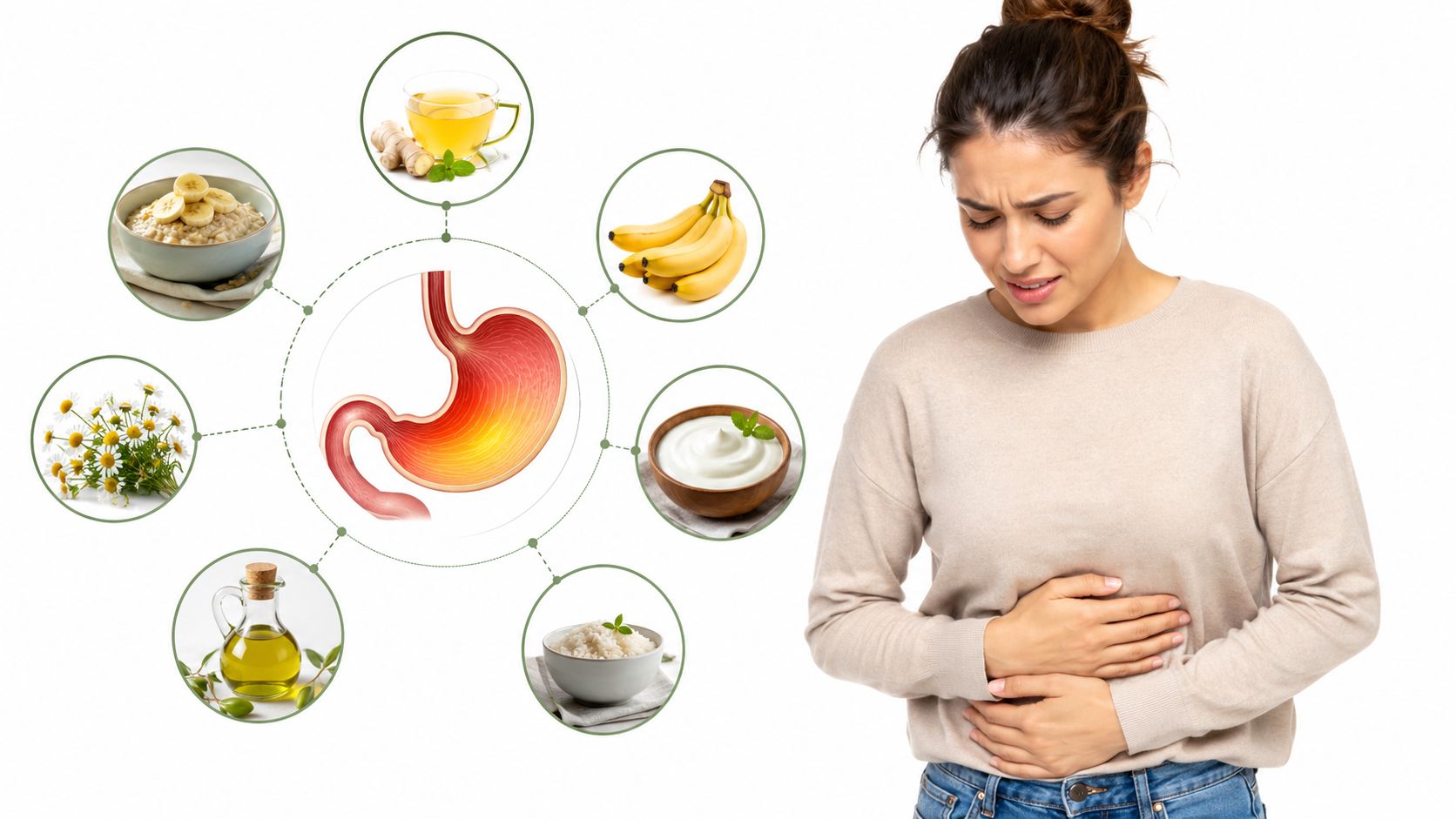 A woman holding her stomach in pain next to an infographic showcasing stomach-soothing foods and remedies.