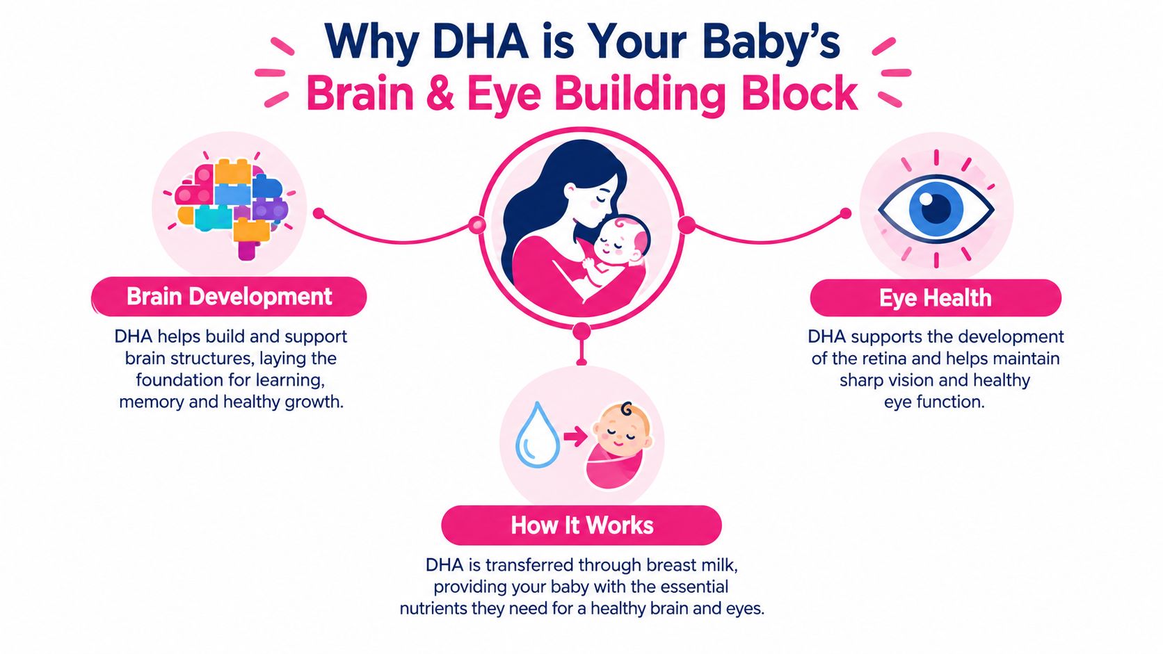 An infographic explaining how DHA in breast milk supports a baby's brain development and eye health.