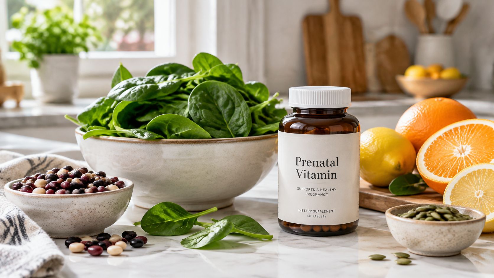 A bottle of prenatal vitamins surrounded by healthy food like spinach, beans, citrus fruits, and pumpkin seeds.