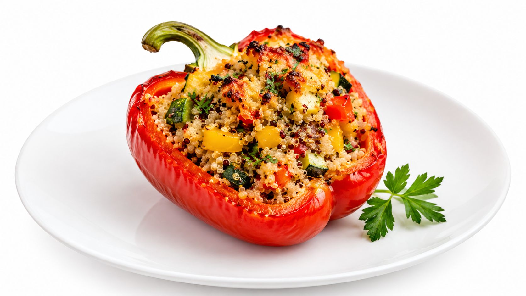A red stuffed bell pepper filled with quinoa and vegetables served on a white plate.