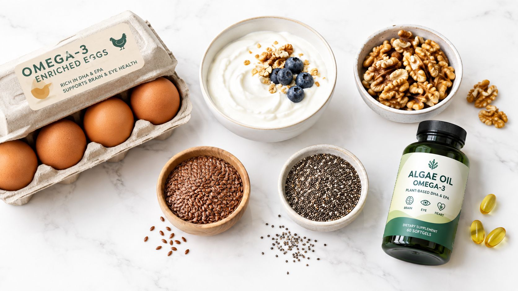 A top-down view of omega-3 rich foods for pregnancy including eggs, yogurt, walnuts, seeds, and supplements.