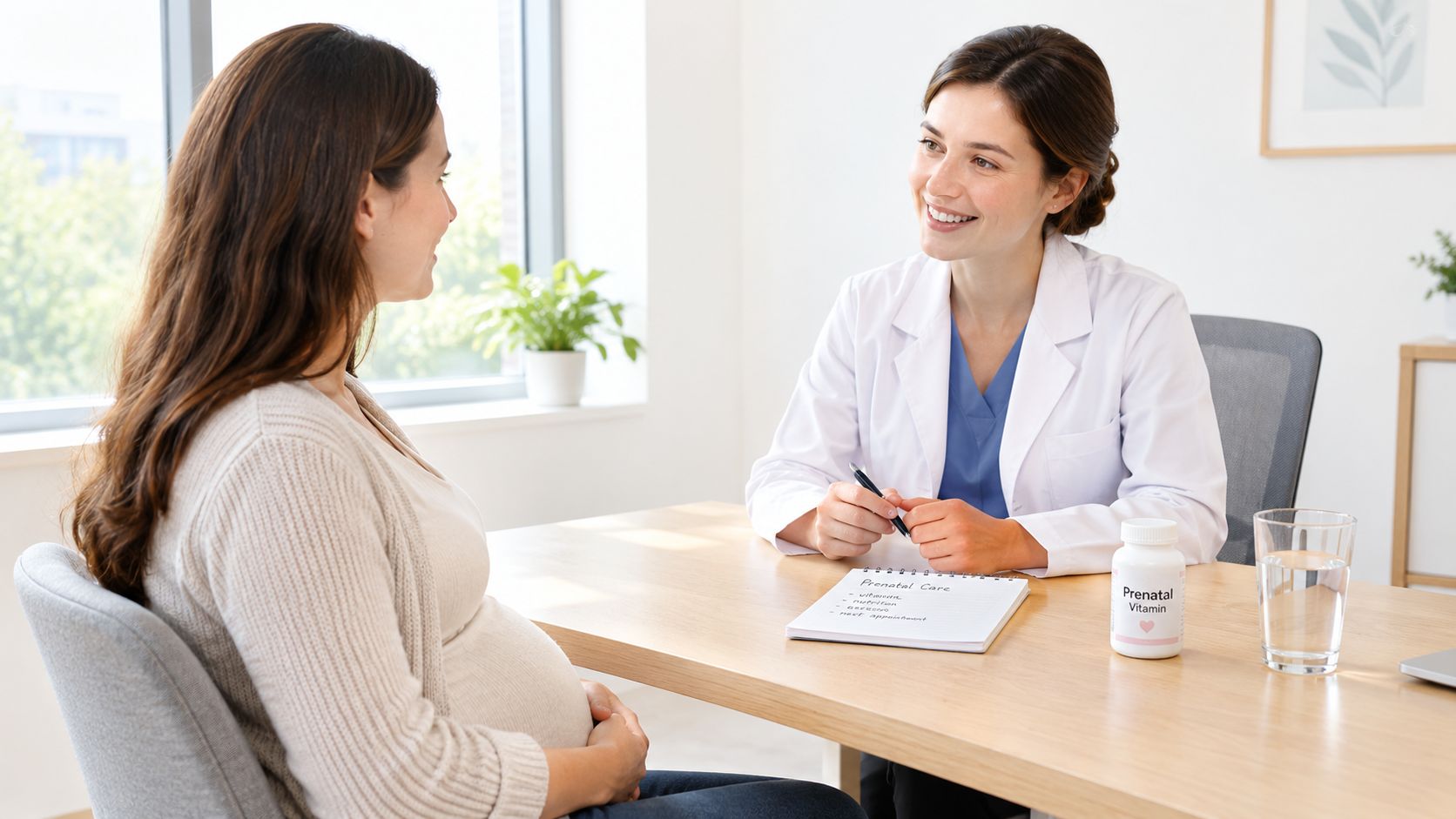 A pregnant woman sits at a wooden table consulting with a friendly doctor about prenatal care and vitamins.