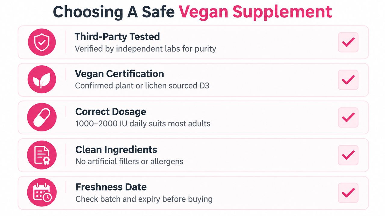 An infographic titled Choosing A Safe Vegan Supplement outlining five key quality standards for dietary supplements.