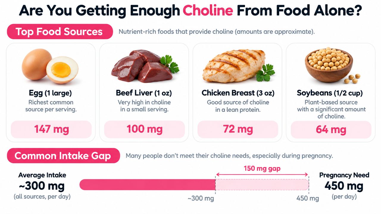 An infographic showing food sources of choline and the daily intake gap during pregnancy.