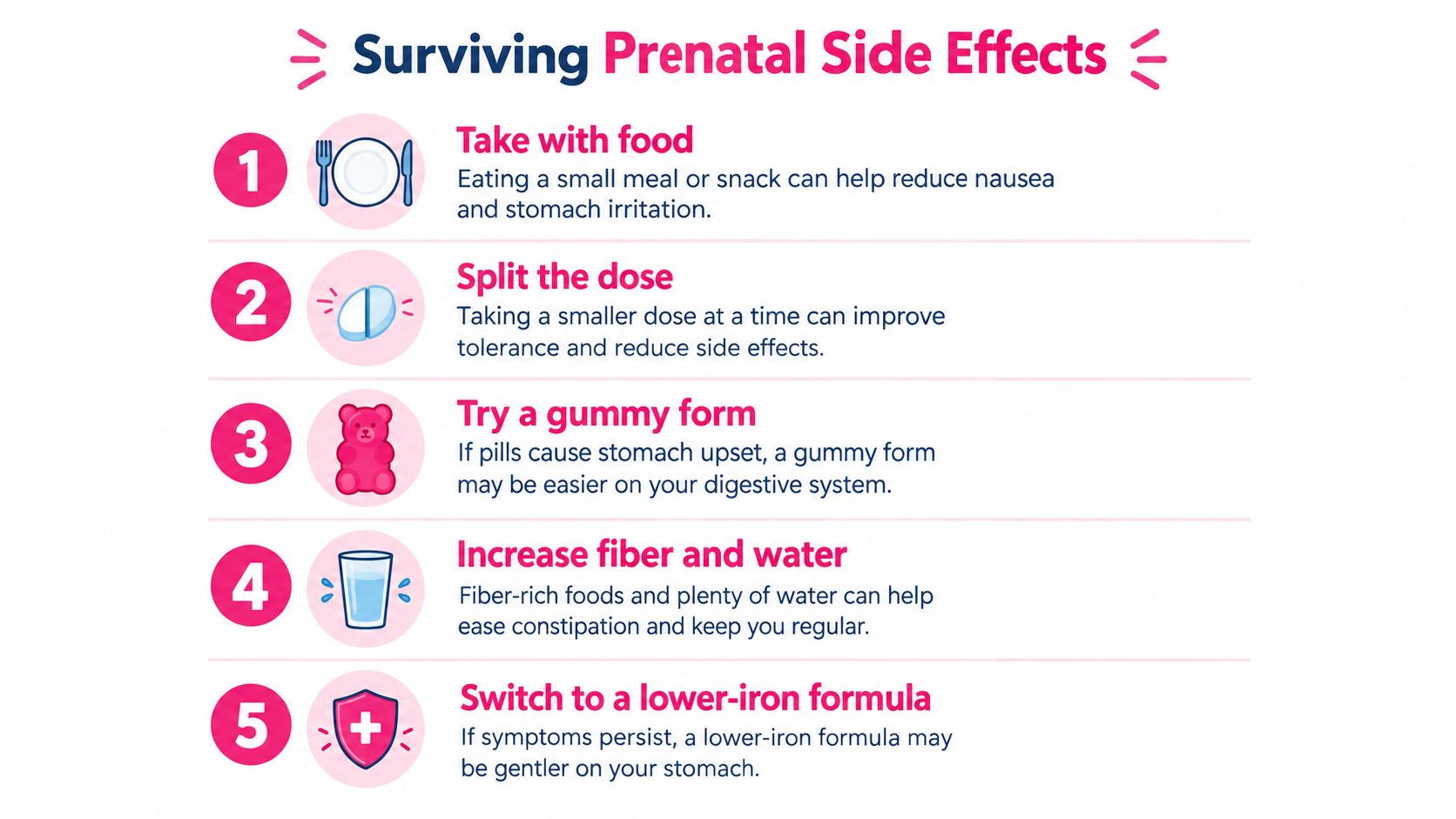 An infographic titled Surviving Prenatal Side Effects offering five tips for managing discomfort from prenatal vitamins.