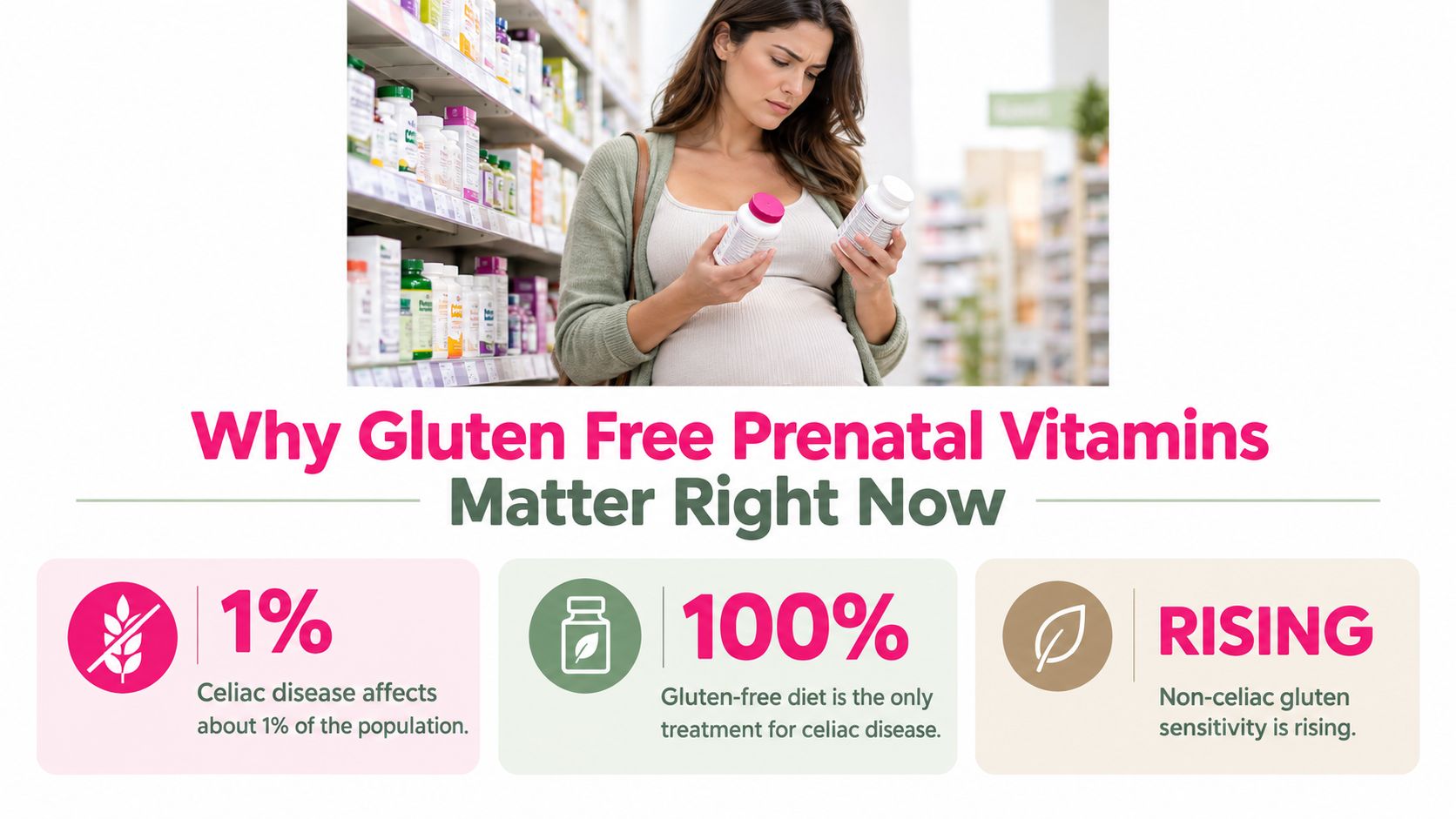 A pregnant woman in a pharmacy examines two different bottles of prenatal vitamin supplements.