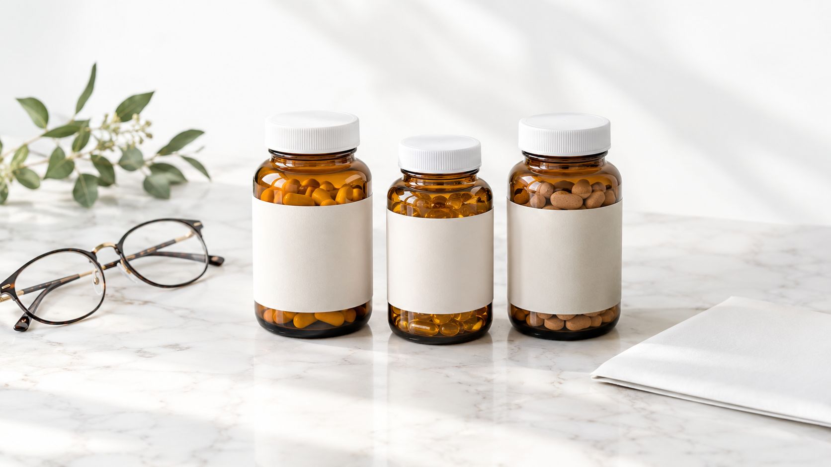 Three amber glass bottles with white caps and blank labels sit on a marble surface with glasses.