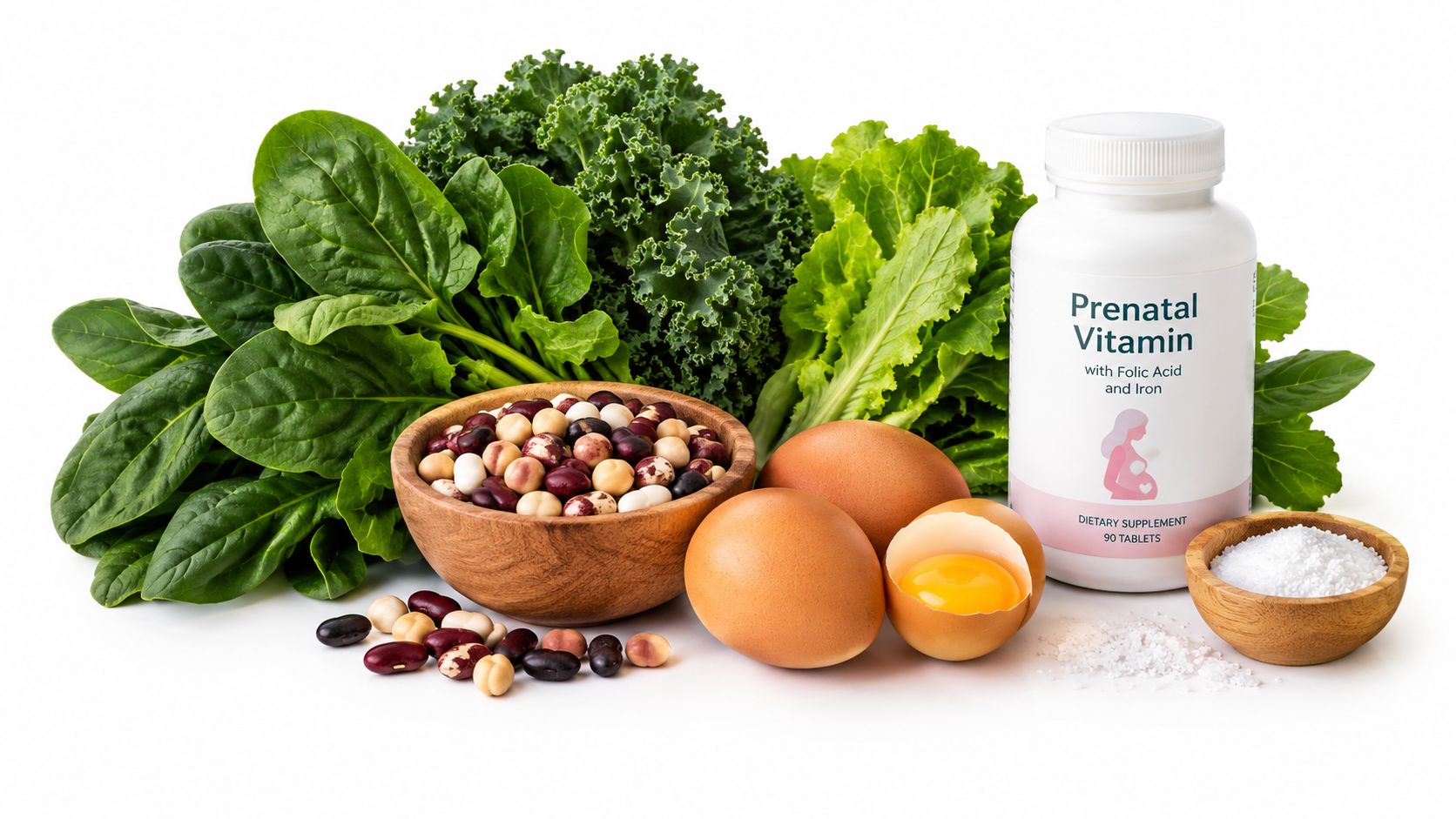A healthy collection of fresh leafy greens, beans, eggs, and prenatal vitamin supplements on white background.
