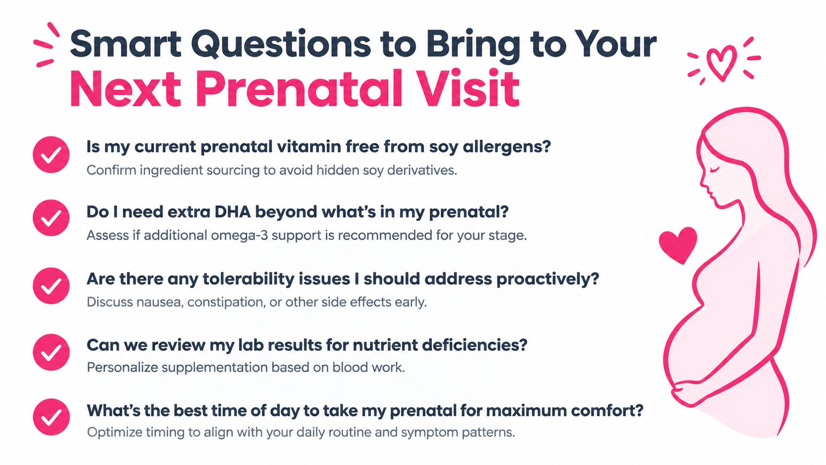 A list of five essential questions for expectant mothers to ask their doctor during a prenatal visit.