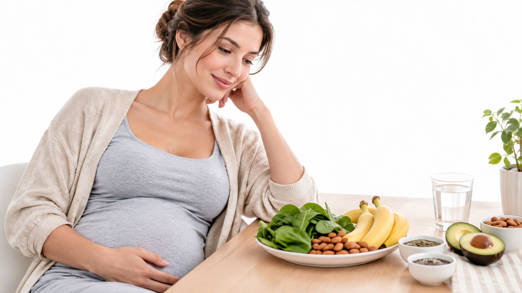 A pregnant woman smiling at a table filled with magnesium-rich foods like spinach, bananas, and avocado.