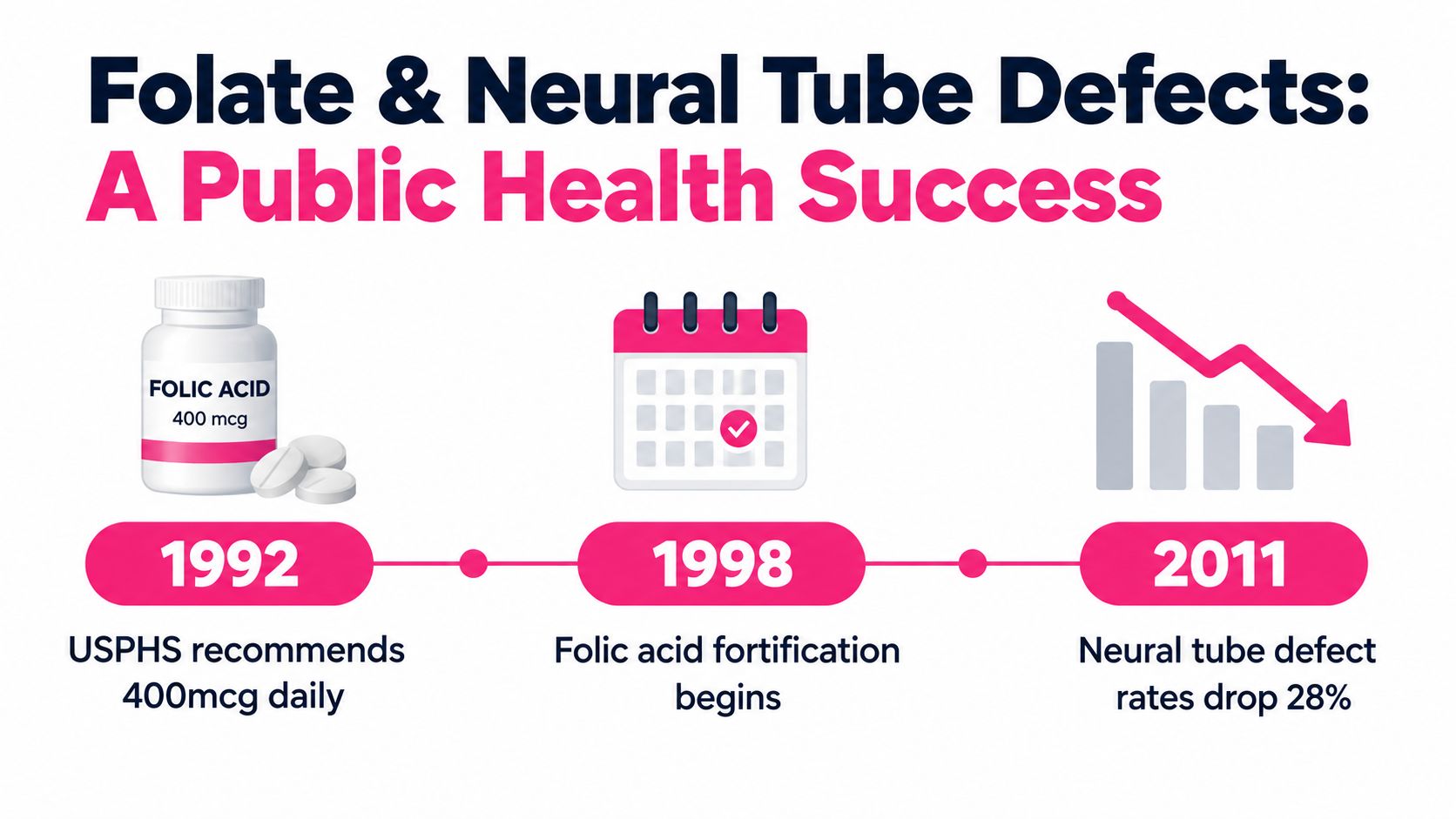 A timeline graphic showing the impact of folic acid on reducing neural tube defects since 1992.
