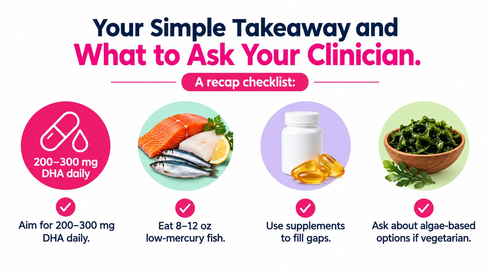 An infographic checklist outlining daily DHA intake, fish consumption, supplement use, and algae-based options for vegetarians.
